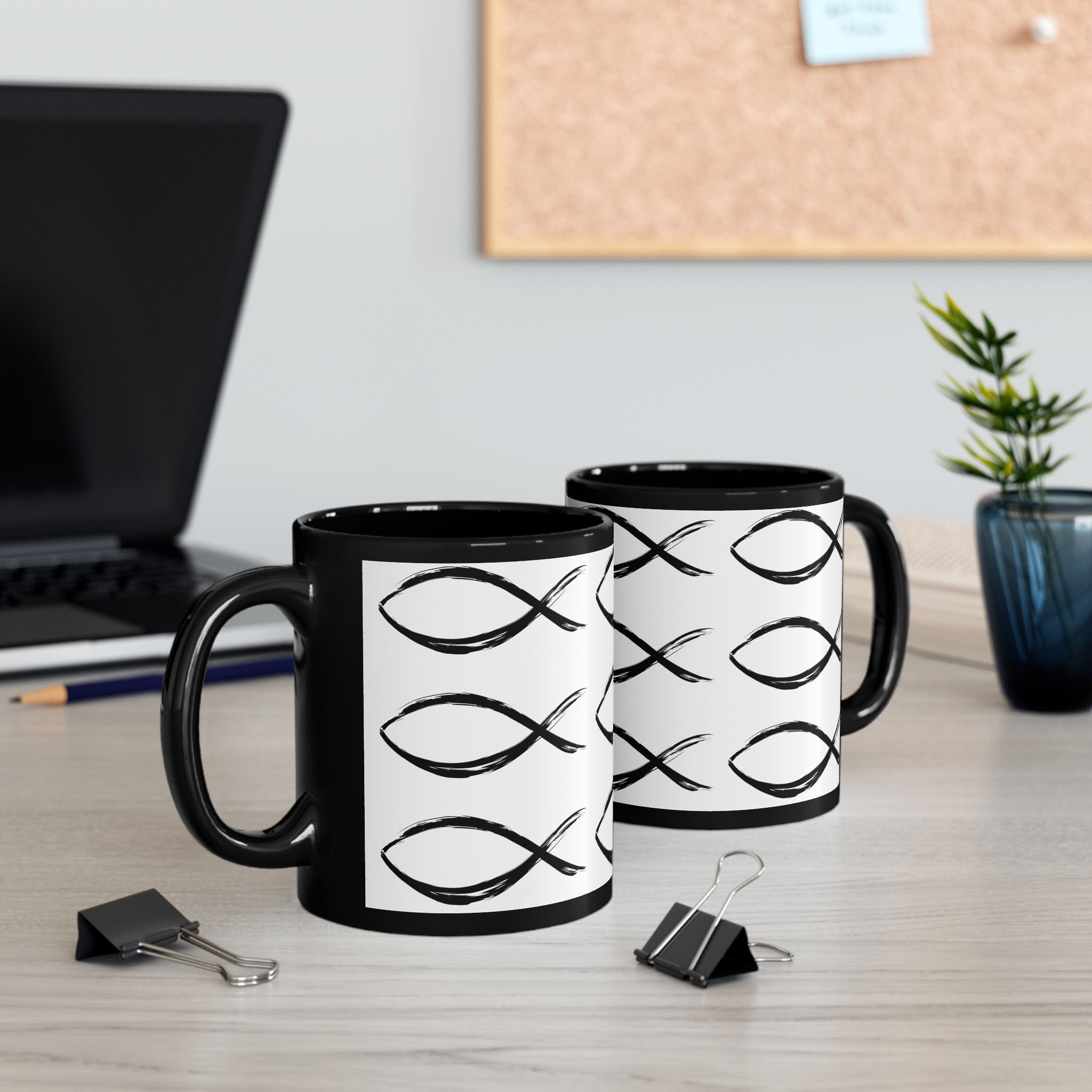 Christian Fish Pattern Mug | Black Ceramic Coffee Mug