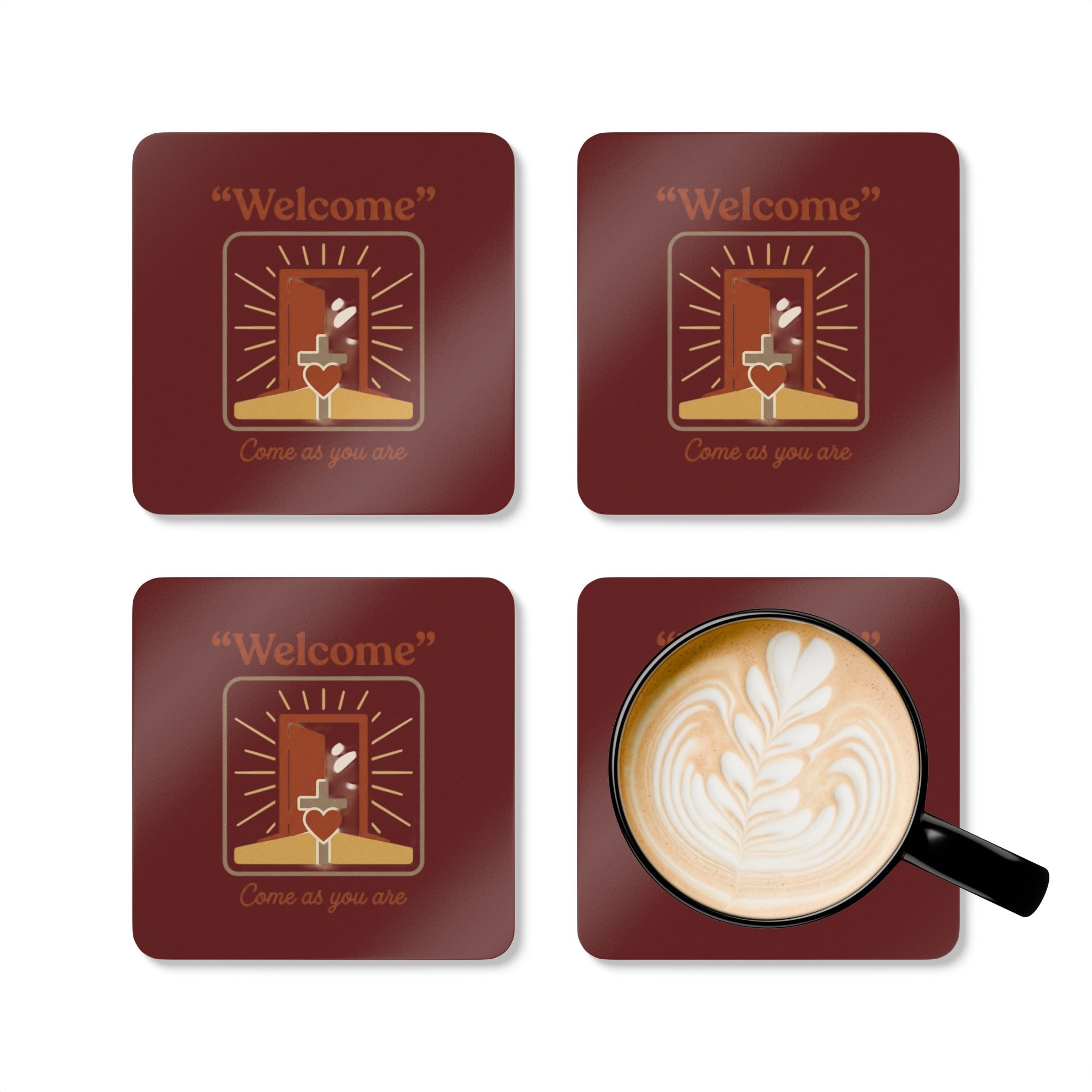 "Welcome" Cork Coaster Set – 'Come as You Are' Retro Door & Heart Drink Coasters