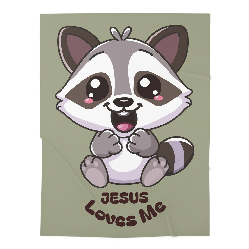 Cute Raccoon Jesus Loves Me Baby Swaddle Blanket | Religious Nursery Olive