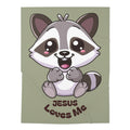 Cute Raccoon Jesus Loves Me Baby Swaddle Blanket | Religious Nursery Olive