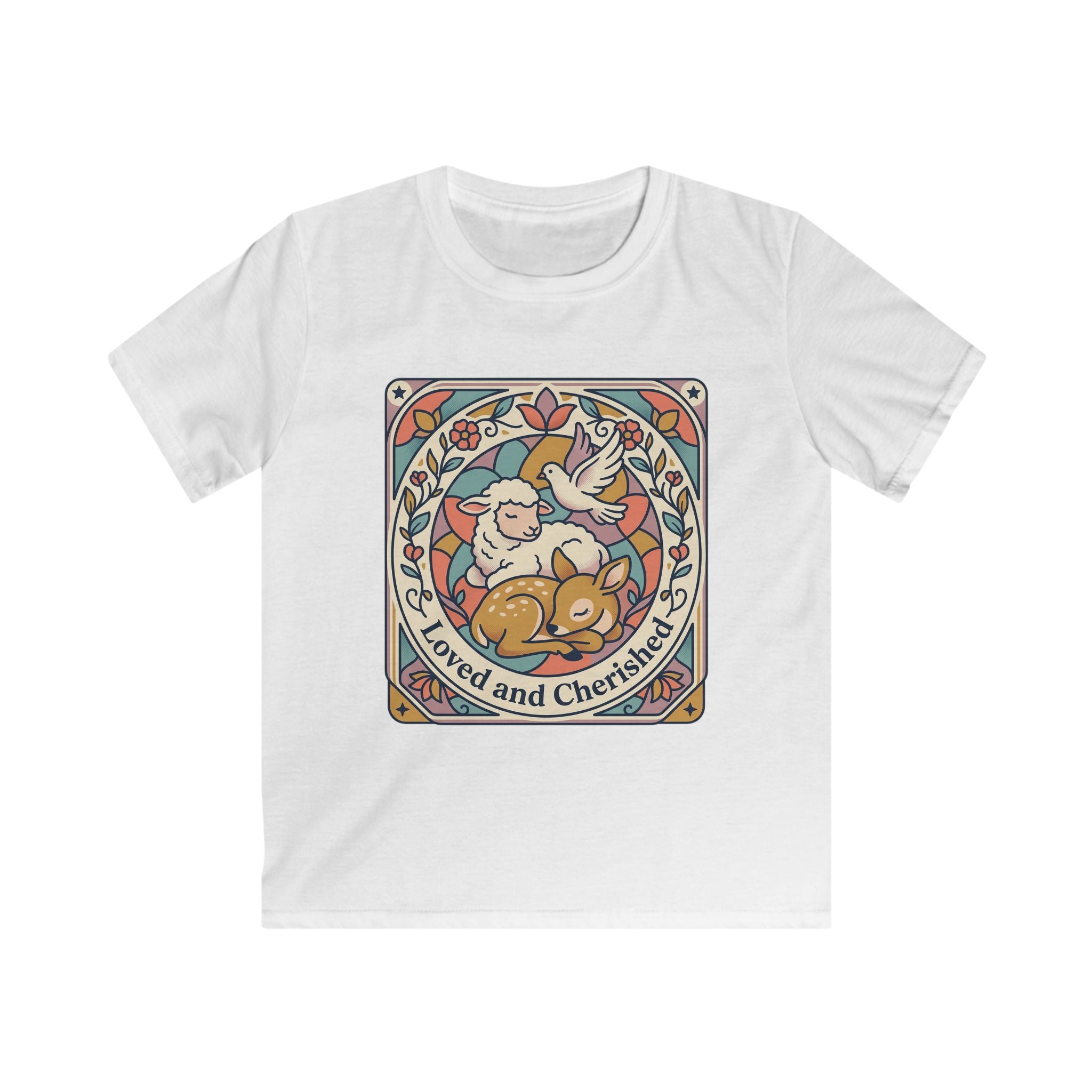 Kids Tee — "Loved and Cherished" Lamb, Dear and Dove