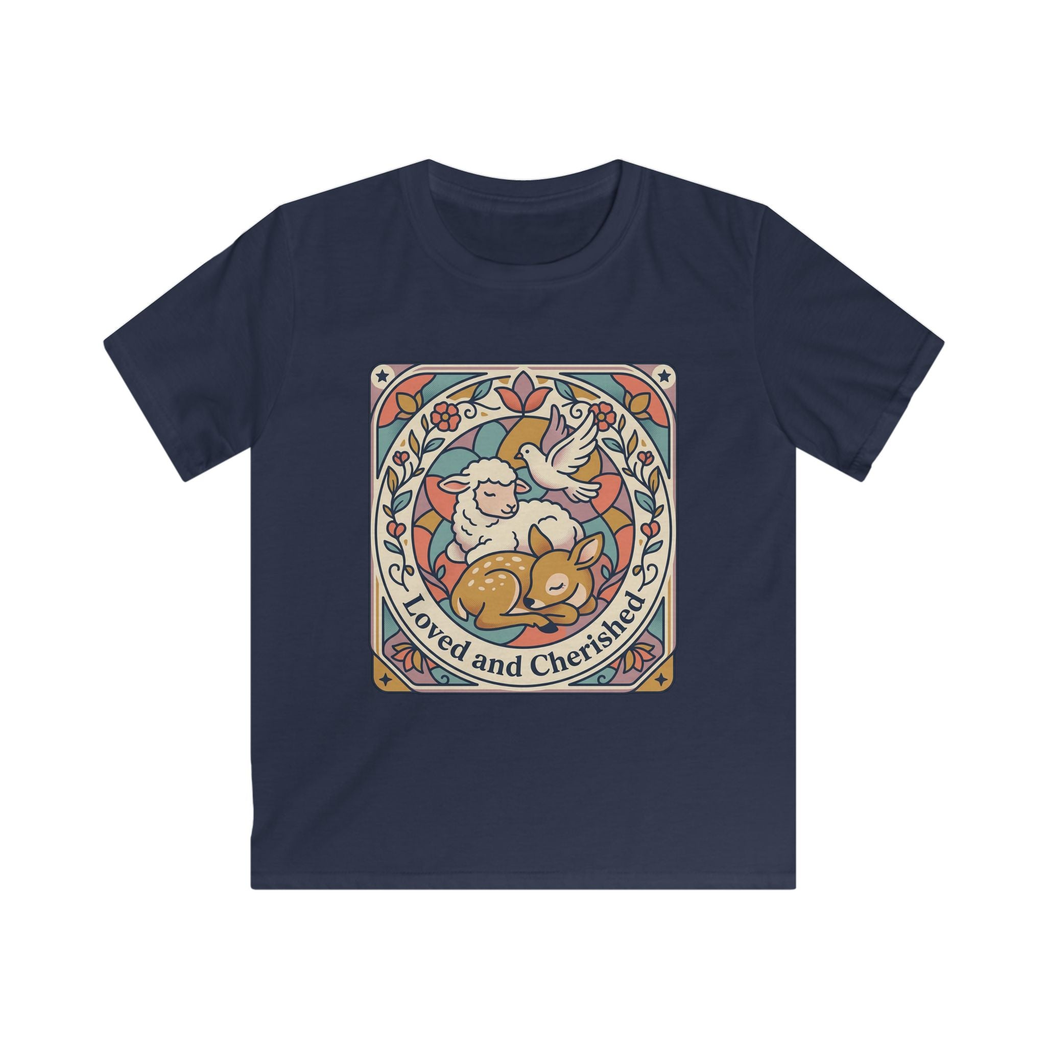 Kids Tee — "Loved and Cherished" Lamb, Dear and Dove