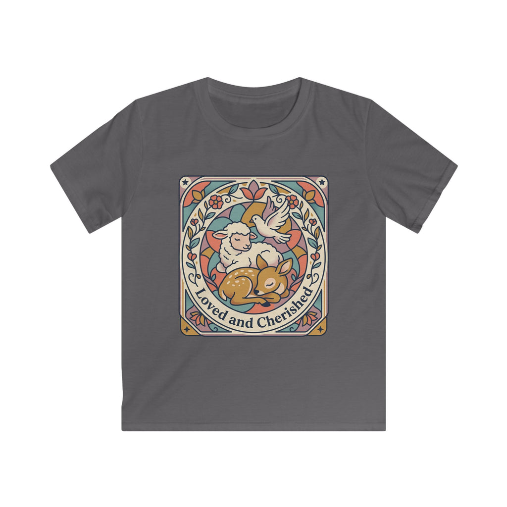 Kids Tee — "Loved and Cherished" Lamb, Dear and Dove