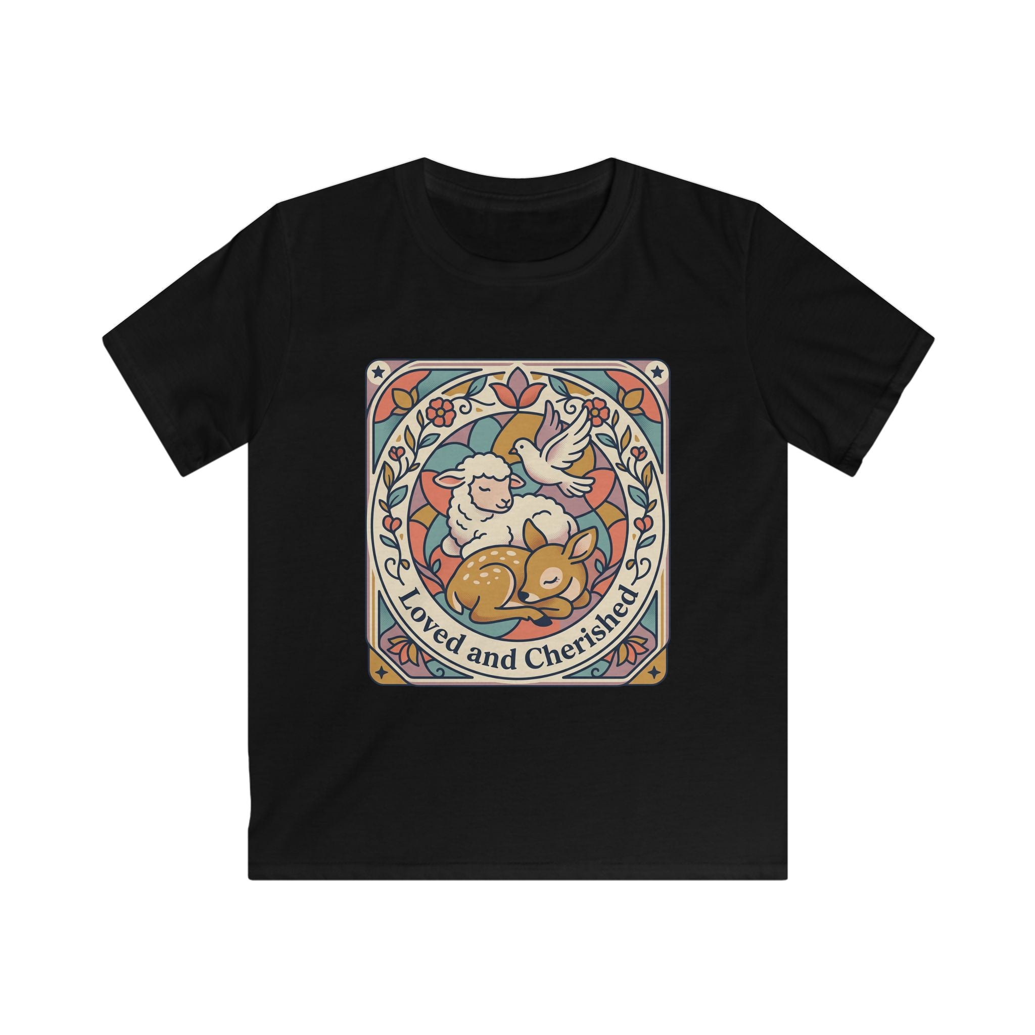 Kids Tee — "Loved and Cherished" Lamb, Dear and Dove