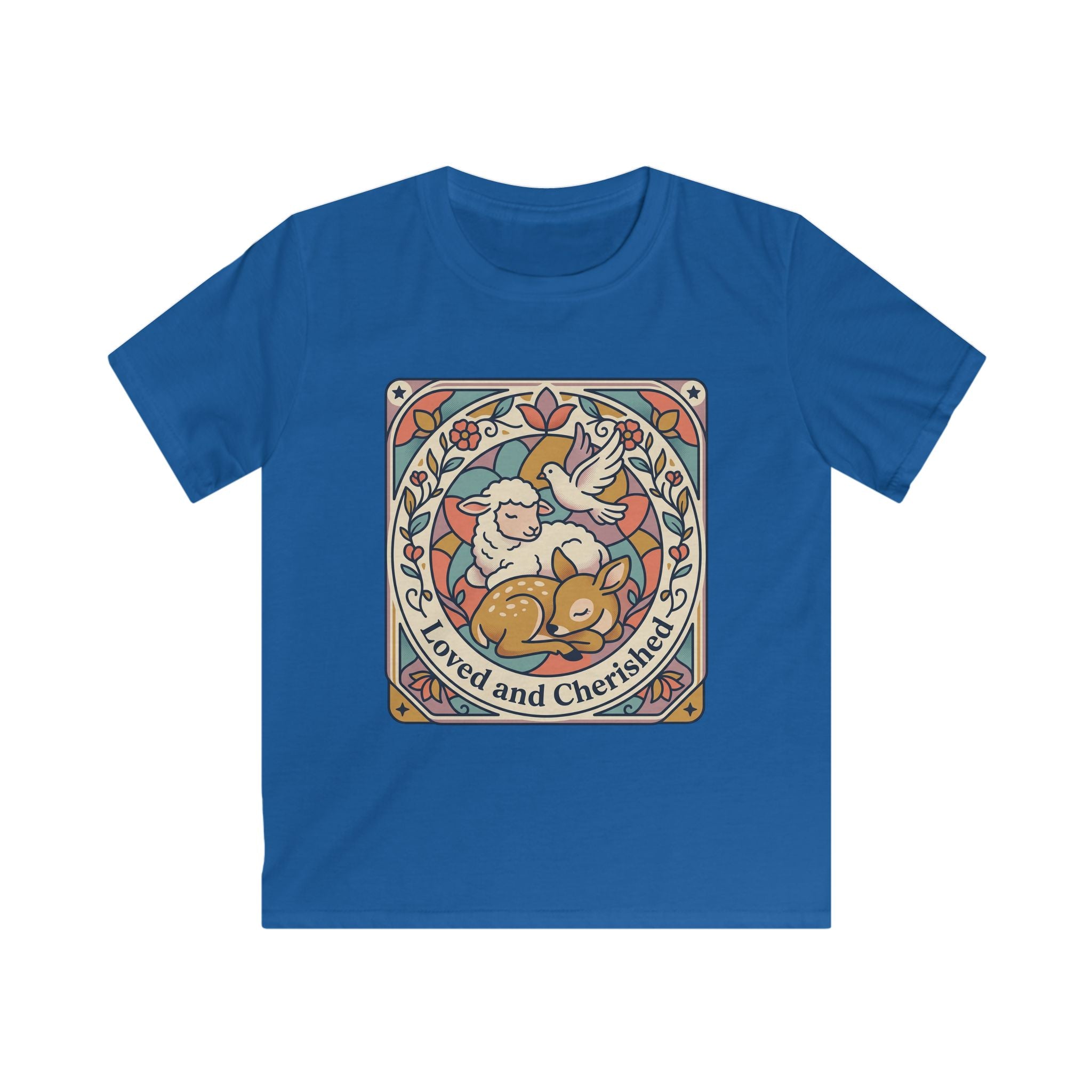Kids Tee — "Loved and Cherished" Lamb, Dear and Dove