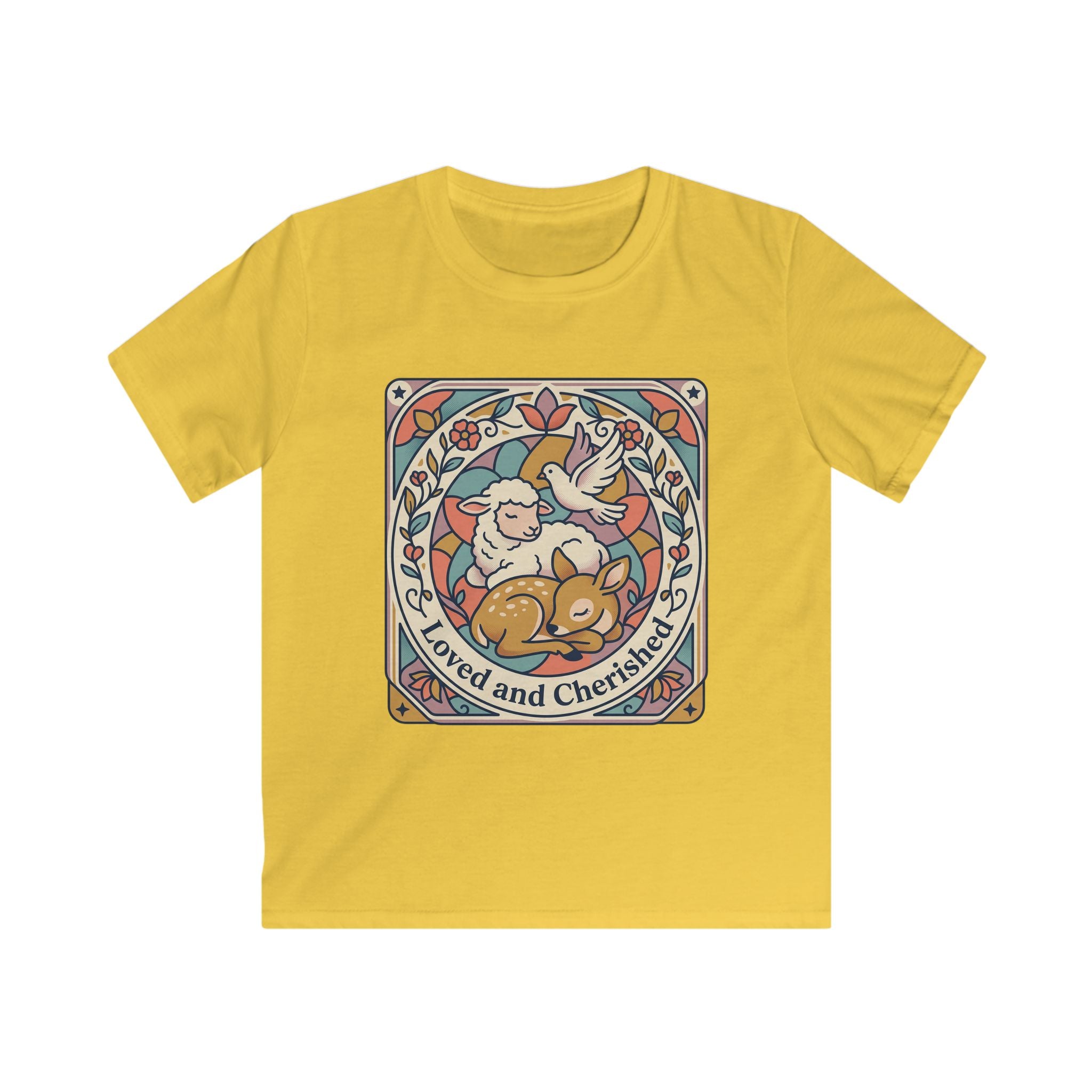 Kids Tee — "Loved and Cherished" Lamb, Dear and Dove