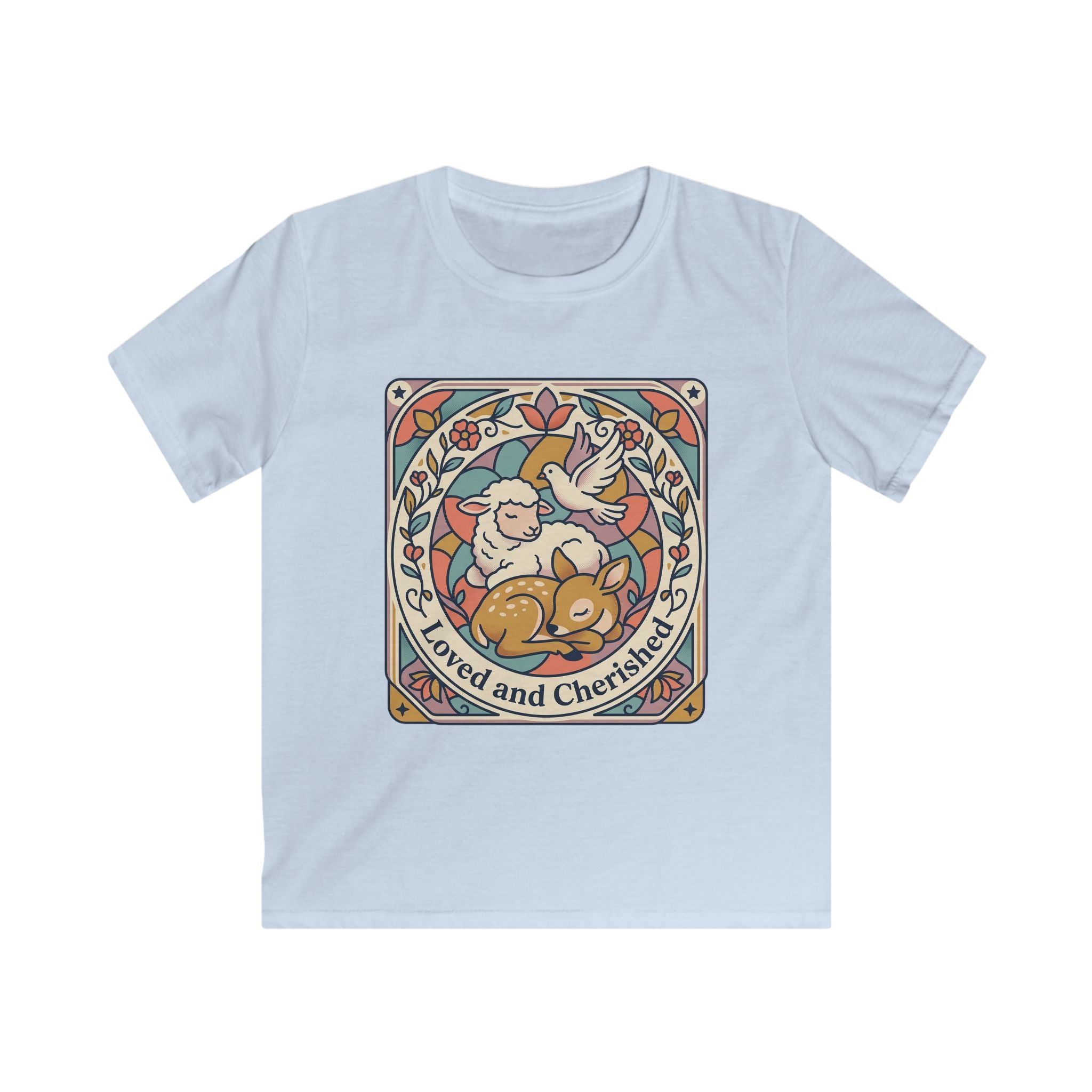 Kids Tee — "Loved and Cherished" Lamb, Dear and Dove