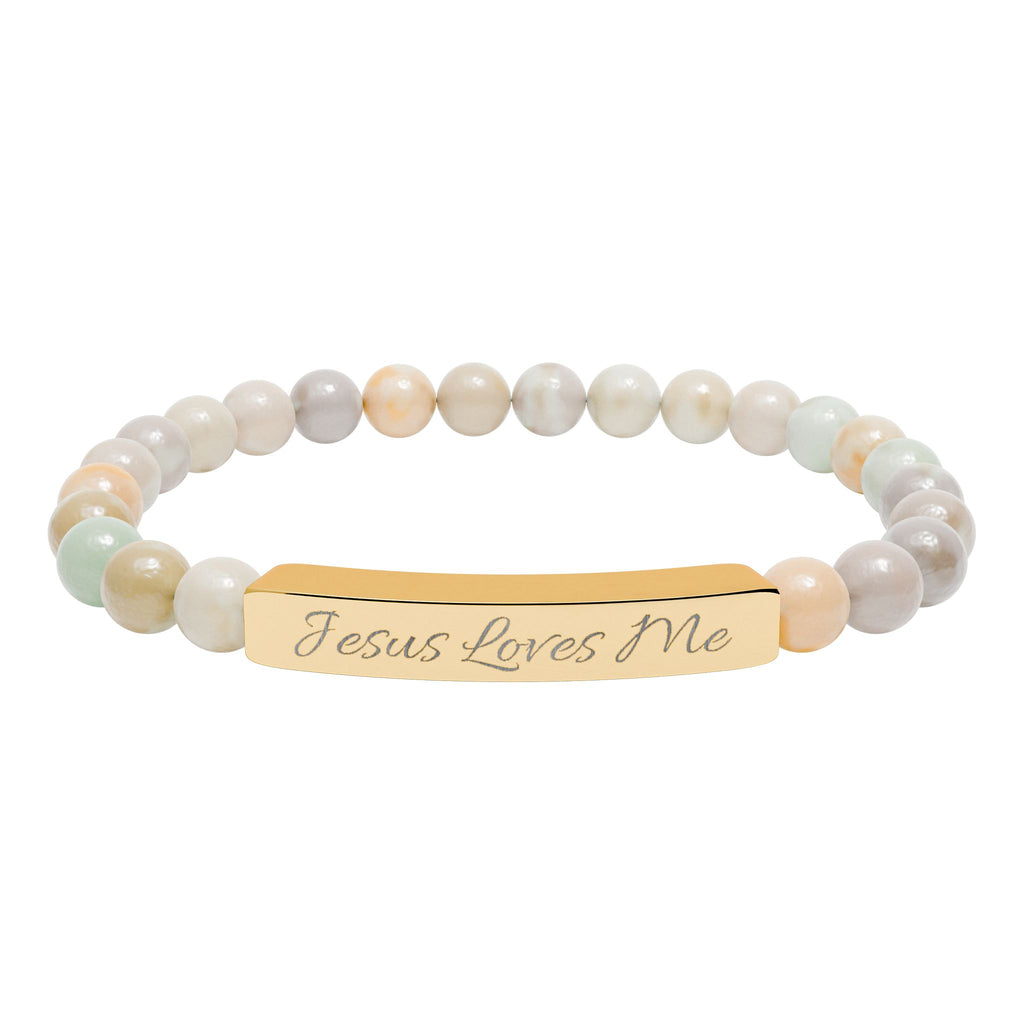 Jesus Loves Me Engraved Bar Natural Stone Bracelet | Stretch Beaded Bracelet