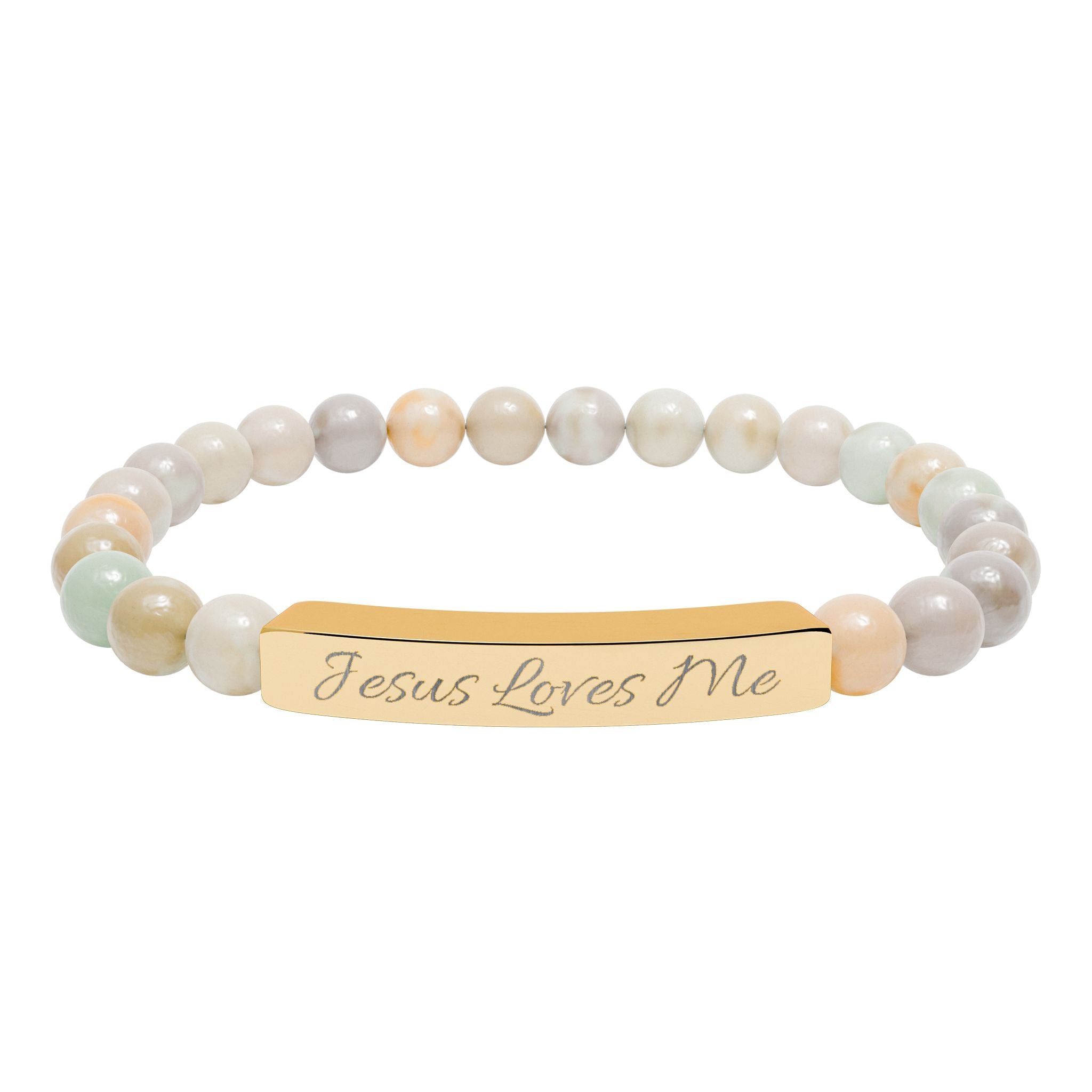 Jesus Loves Me Engraved Bar Natural Stone Bracelet | Stretch Beaded Bracelet