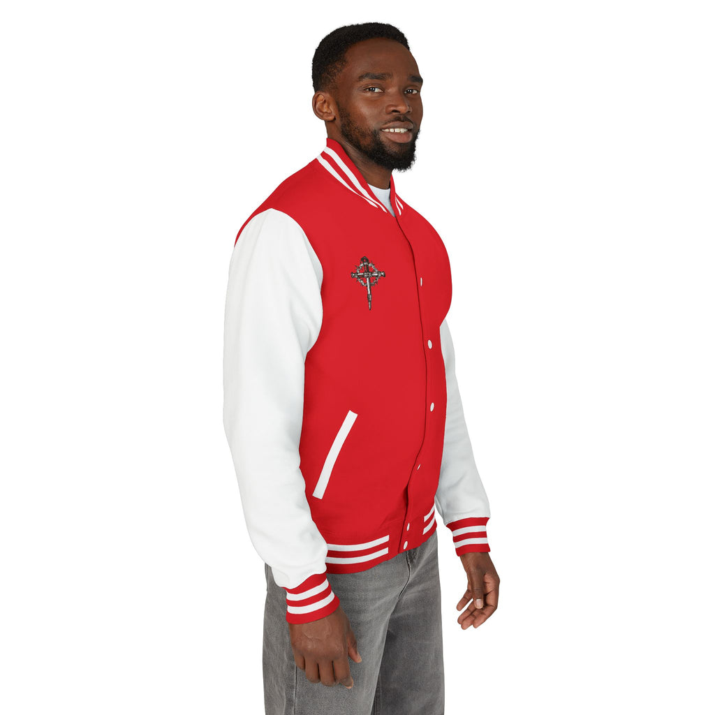 Gothic Cross Nail Emblem Letterman Jacket | Red White Varsity