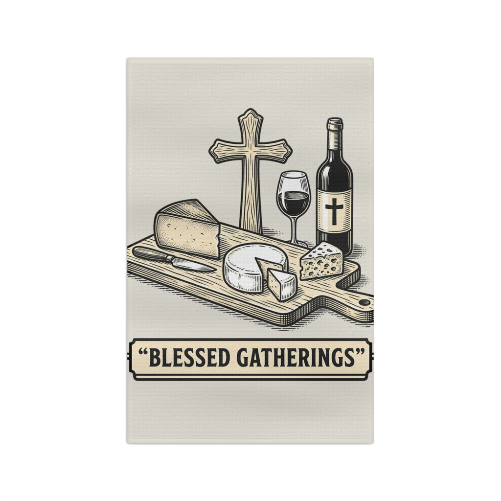 Tea Towel — "Blessed Gatherings" Christian Wine & Cheese Kitchen Towel