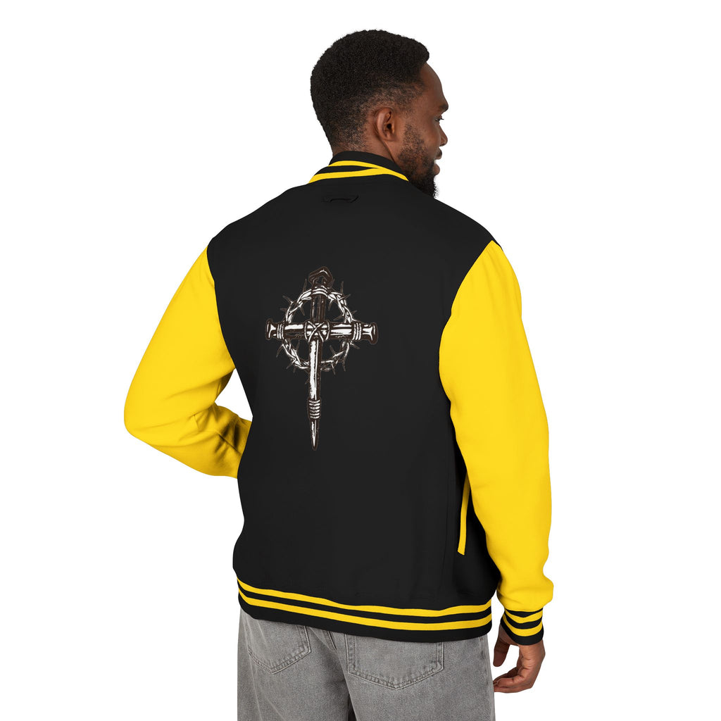 Gothic Cross Nail Emblem Letterman Jacket | Red White Varsity