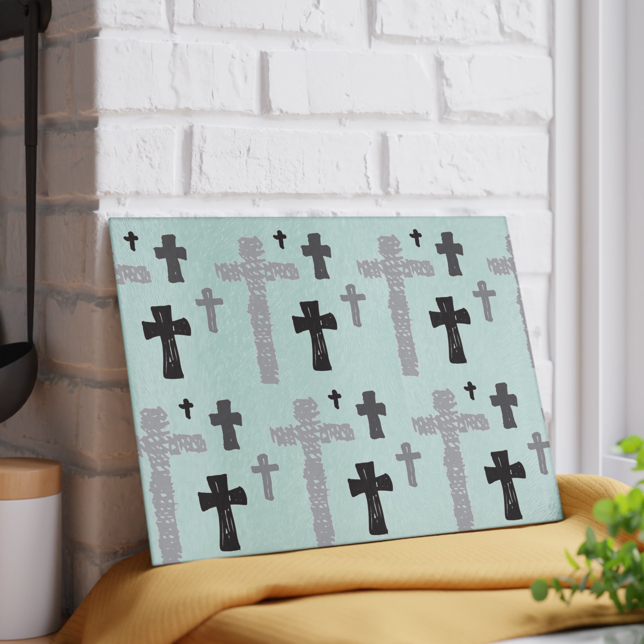 Handdrawn Cross Pattern Glass Cutting Board | Religious Kitchen Décor