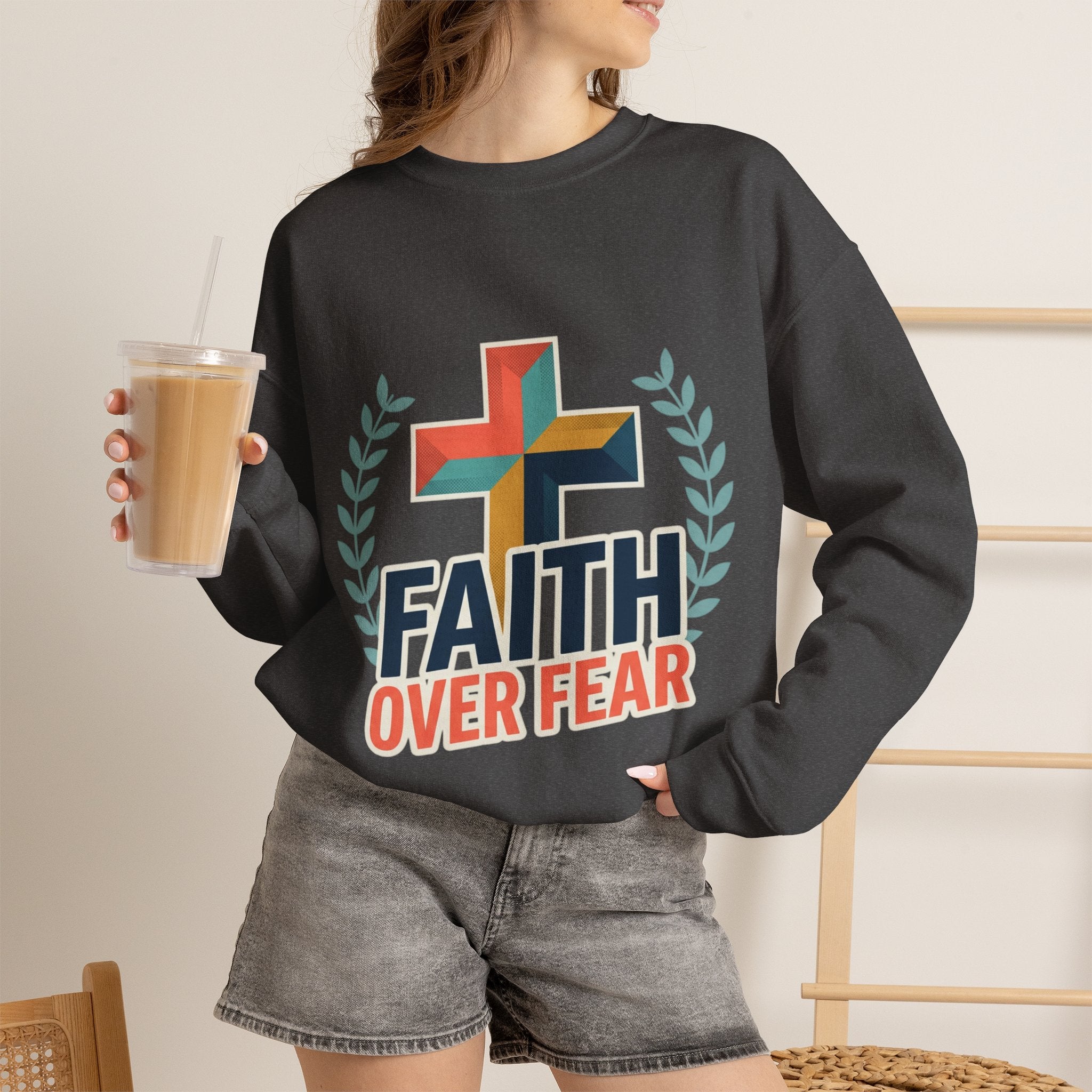 Faith Over Fear Crewneck Sweatshirt — Christian Cross Inspirational Pullover