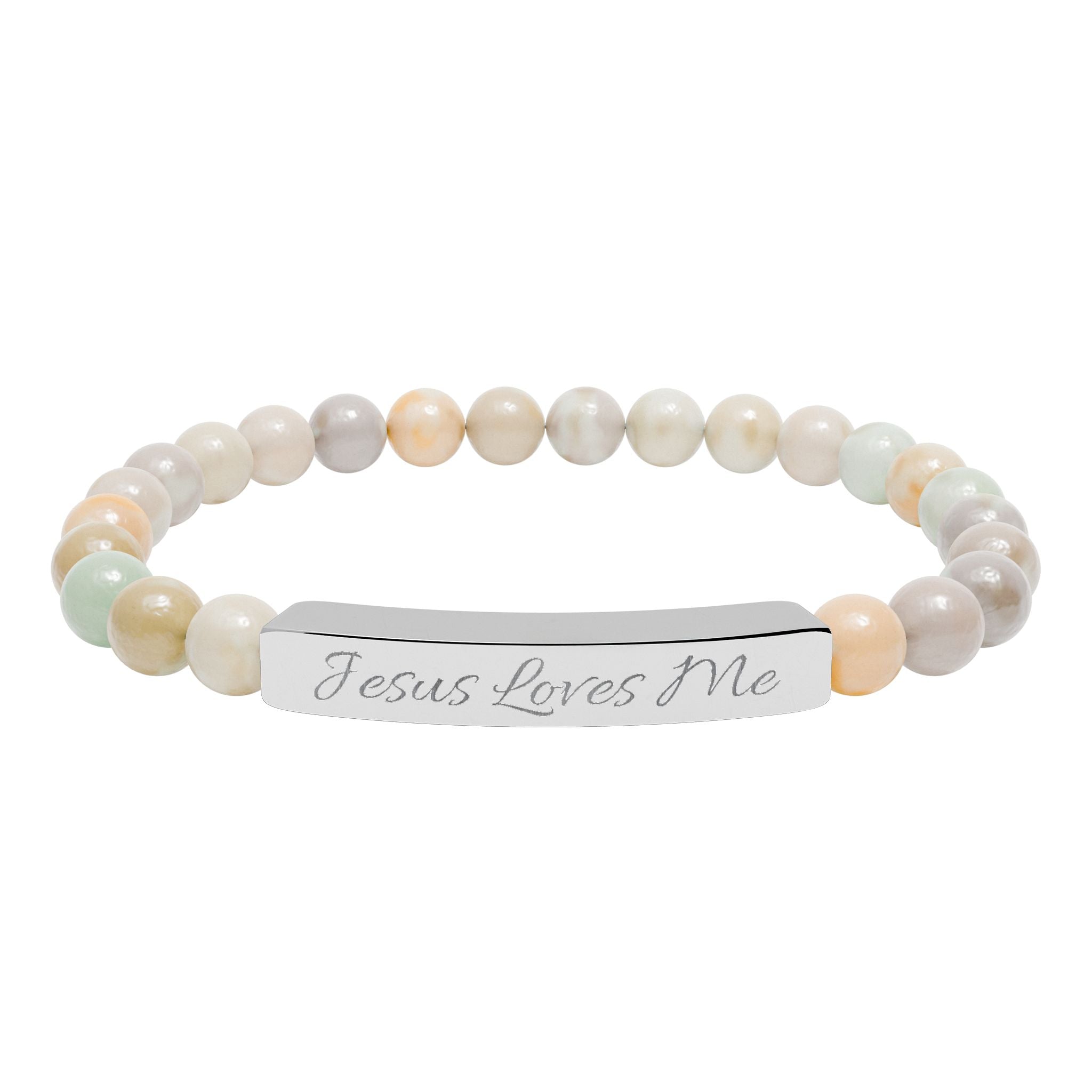 Jesus Loves Me Engraved Bar Natural Stone Bracelet | Stretch Beaded Bracelet