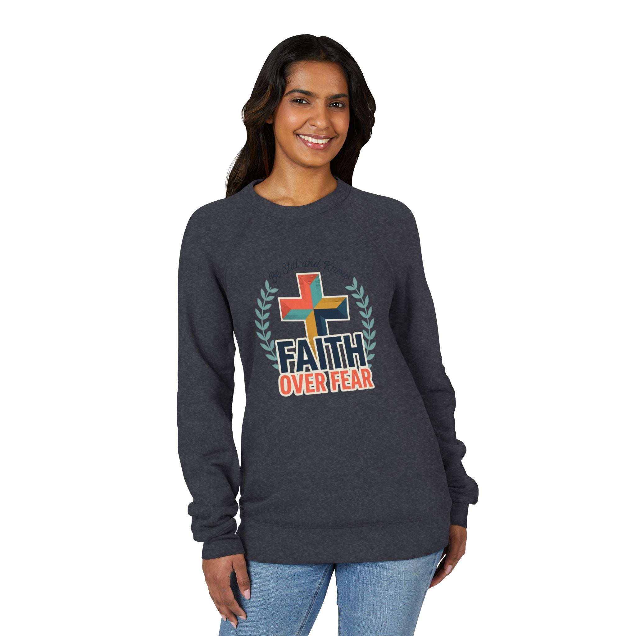 Faith Over Fear Sweatshirt — Christian Cross Raglan Pullover