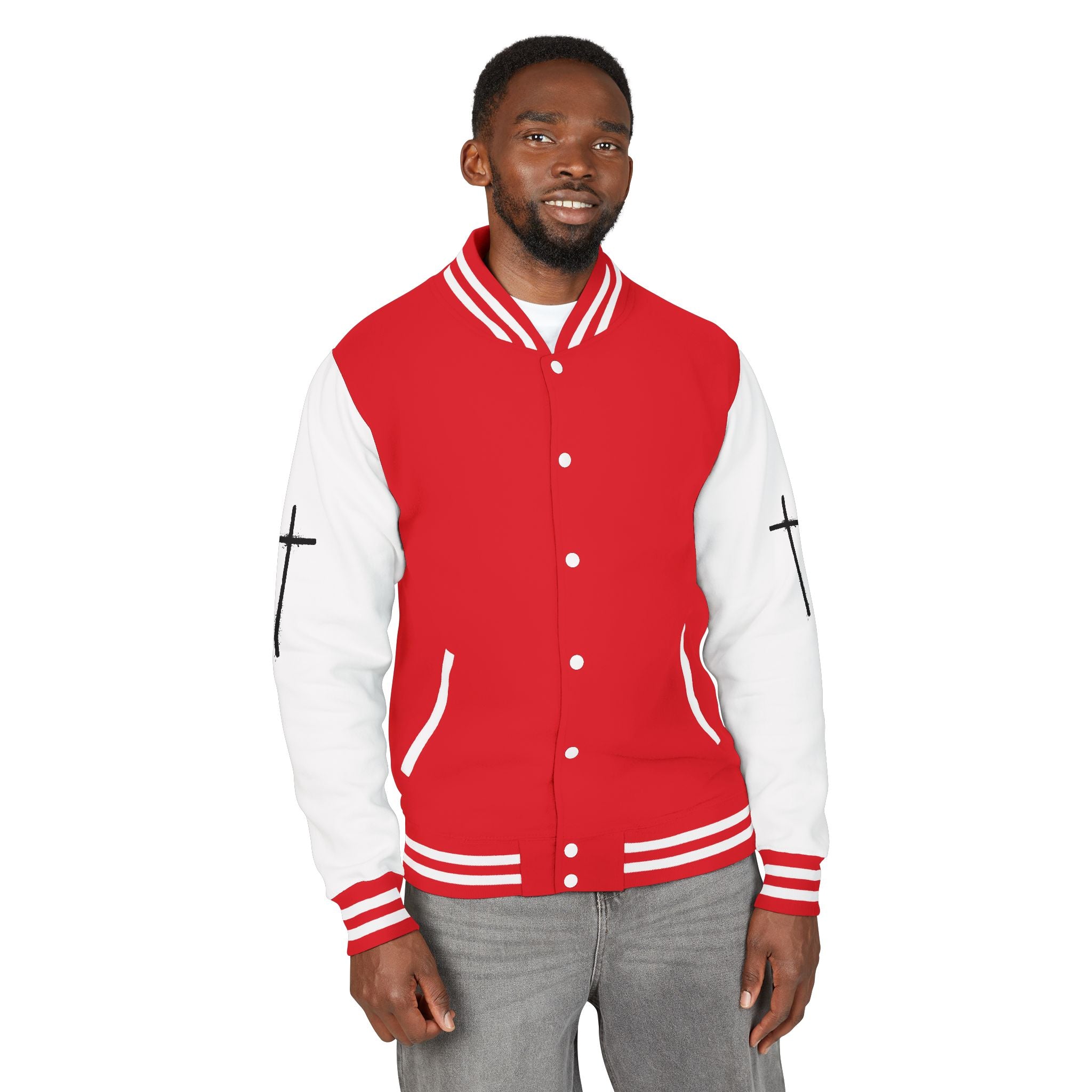 Cross Emblem Letterman Jacket | Red White Varsity