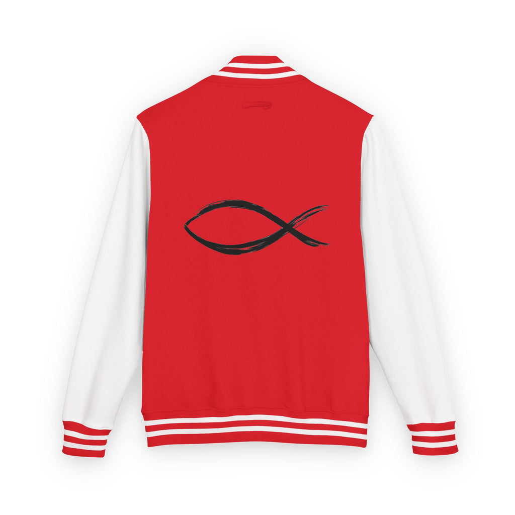 Christian Fish Symbol Emblem Letterman Jacket | Red White Varsity