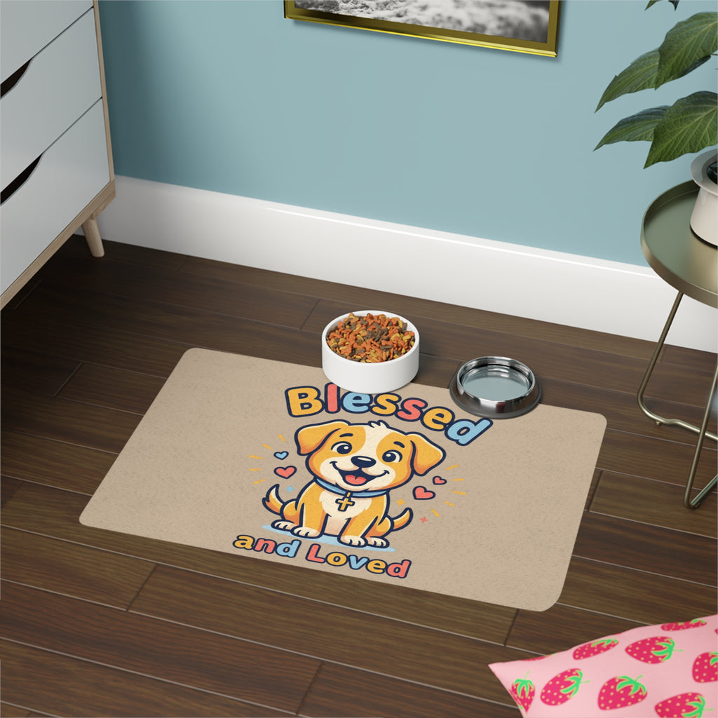 Blessed and Loved Pet Food Mat — Cute Puppy Placemat (12x18)