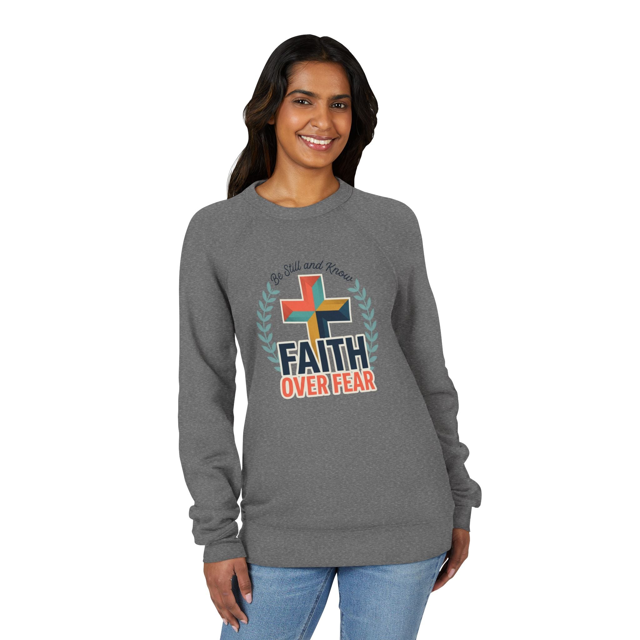 Faith Over Fear Sweatshirt — Christian Cross Raglan Pullover