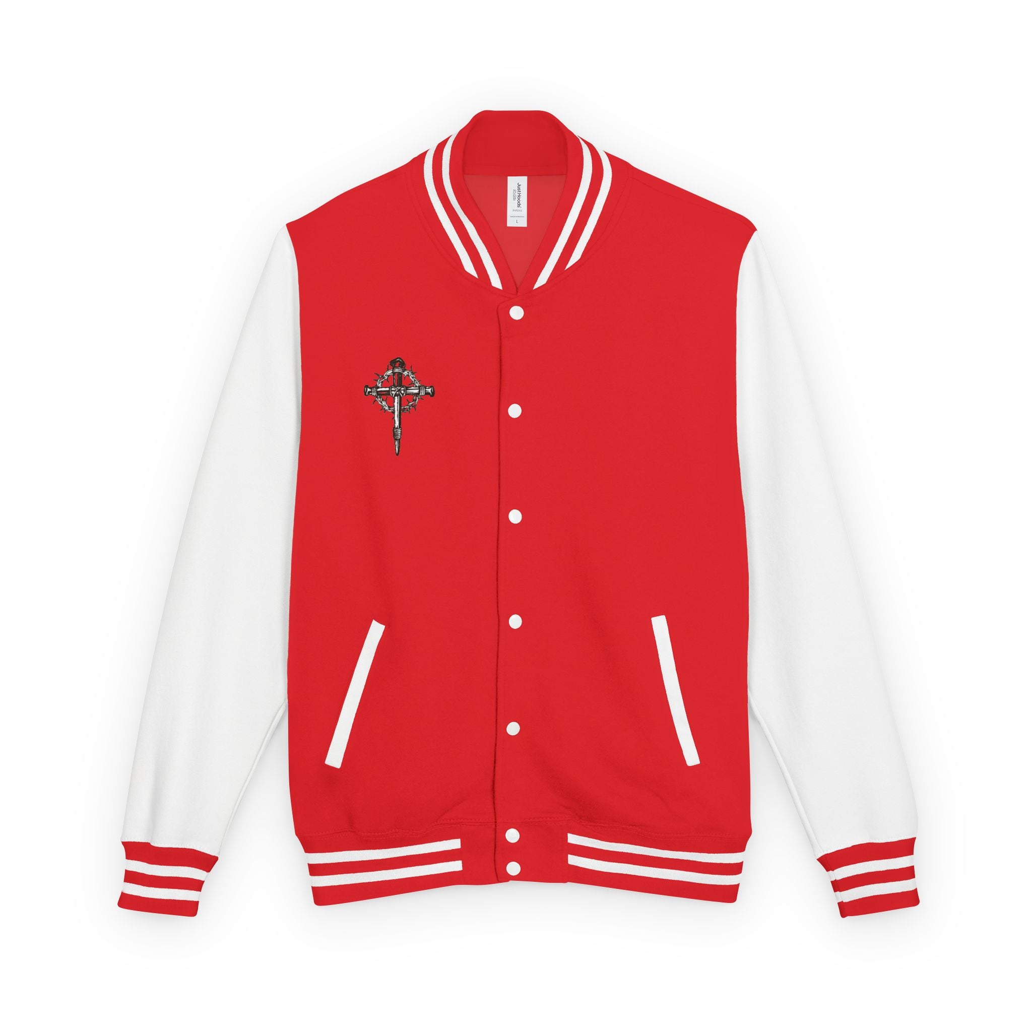Gothic Cross Nail Emblem Letterman Jacket | Red White Varsity