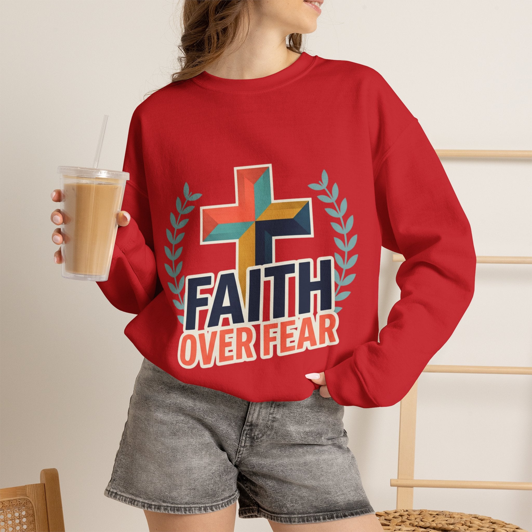 Faith Over Fear Crewneck Sweatshirt — Christian Cross Inspirational Pullover