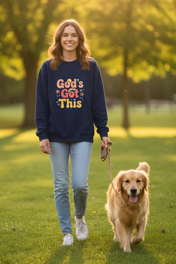 Navy blue sweatshirt with 'God's Got This' text 