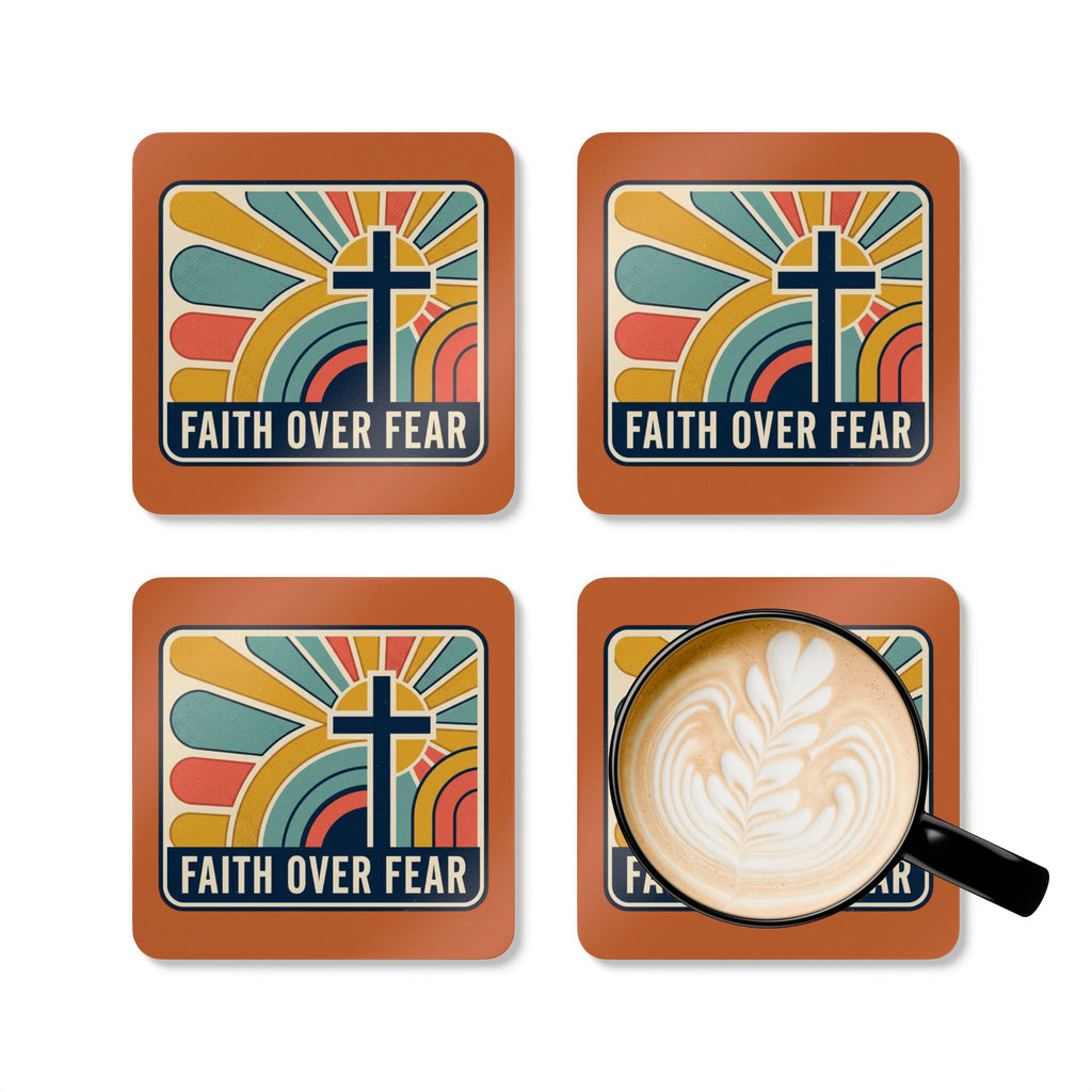 "Faith over Fear" Cork Coaster Set – 'Come as You Are' Retro Door & Heart Drink Coasters
