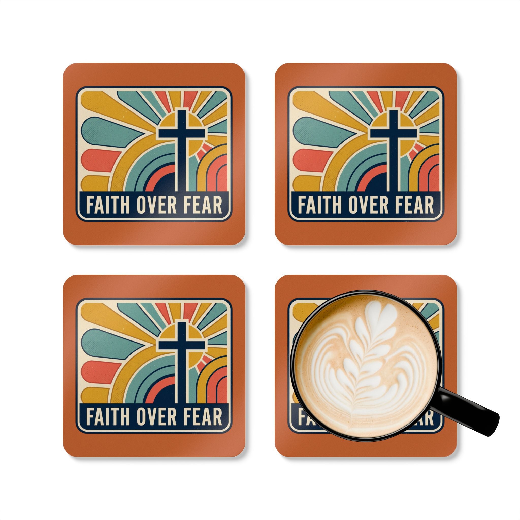 "Faith over Fear" Cork Coaster Set – 'Come as You Are' Retro Door & Heart Drink Coasters