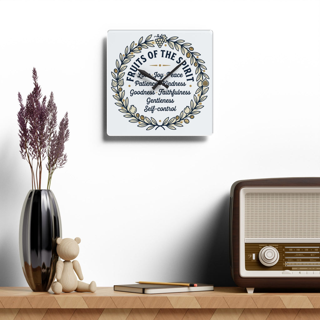 Fruits of the Spirit acrylic wall clock | Christian scripture typography, floral wreath