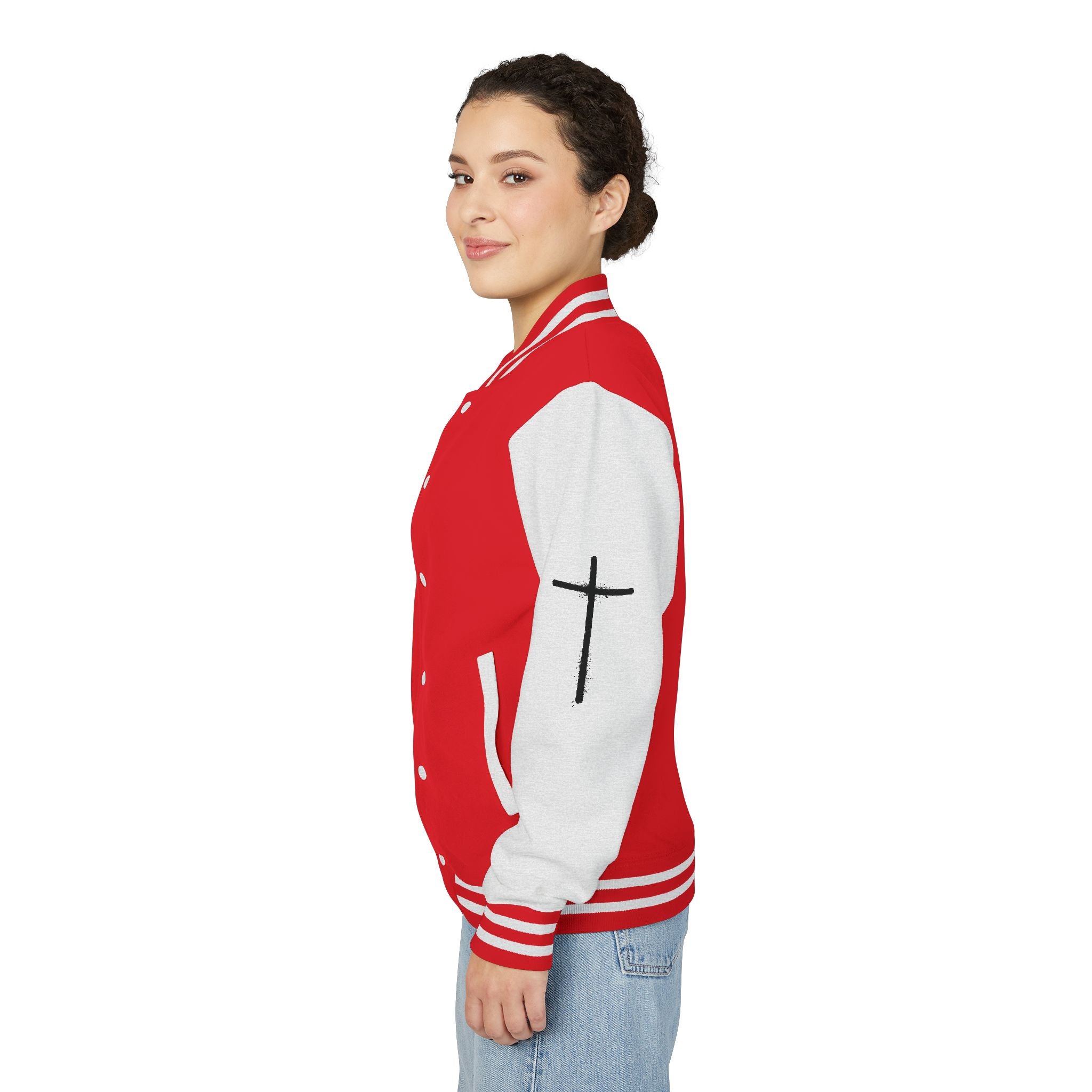 Cross Emblem Letterman Jacket | Red White Varsity
