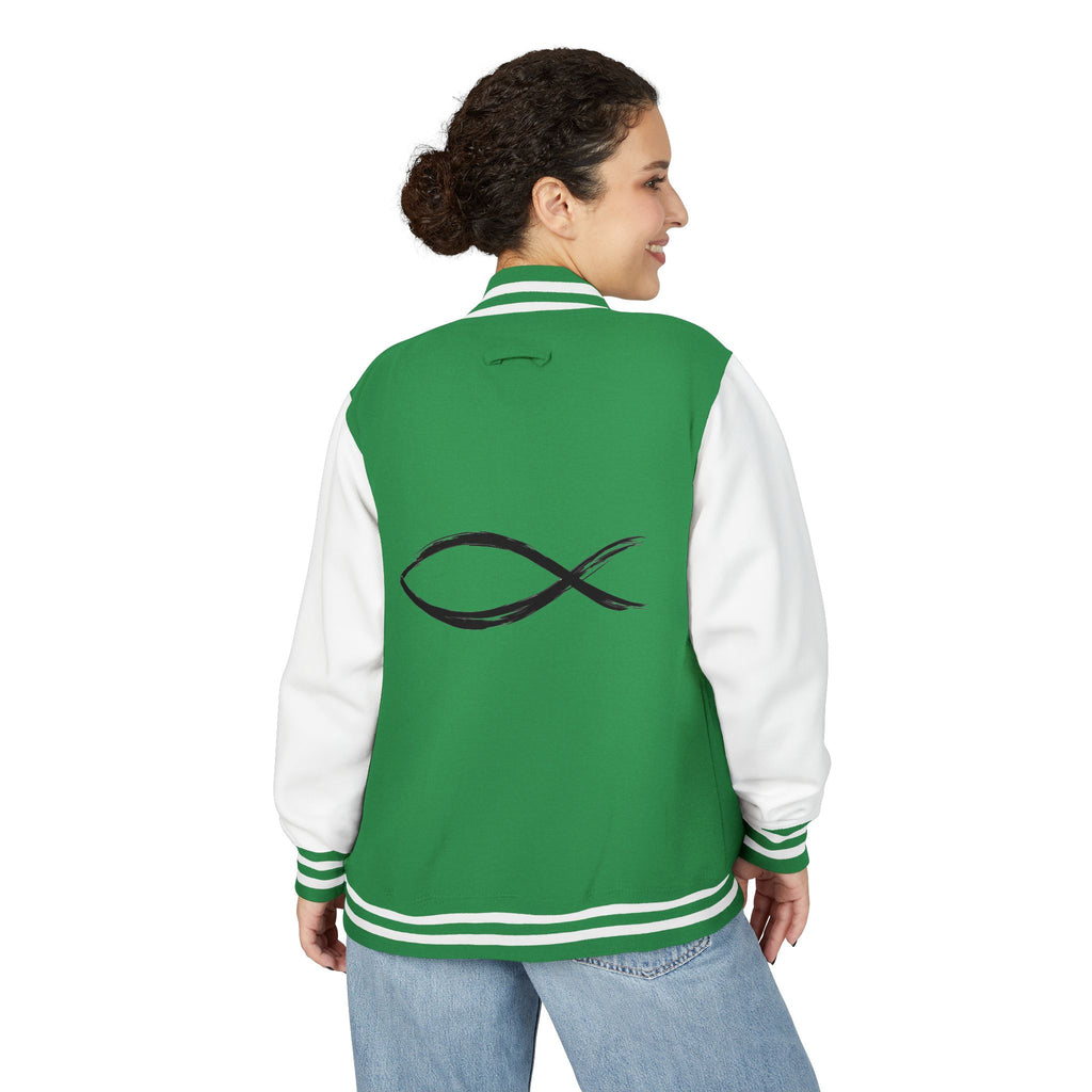 Christian Fish Symbol Emblem Letterman Jacket | Red White Varsity