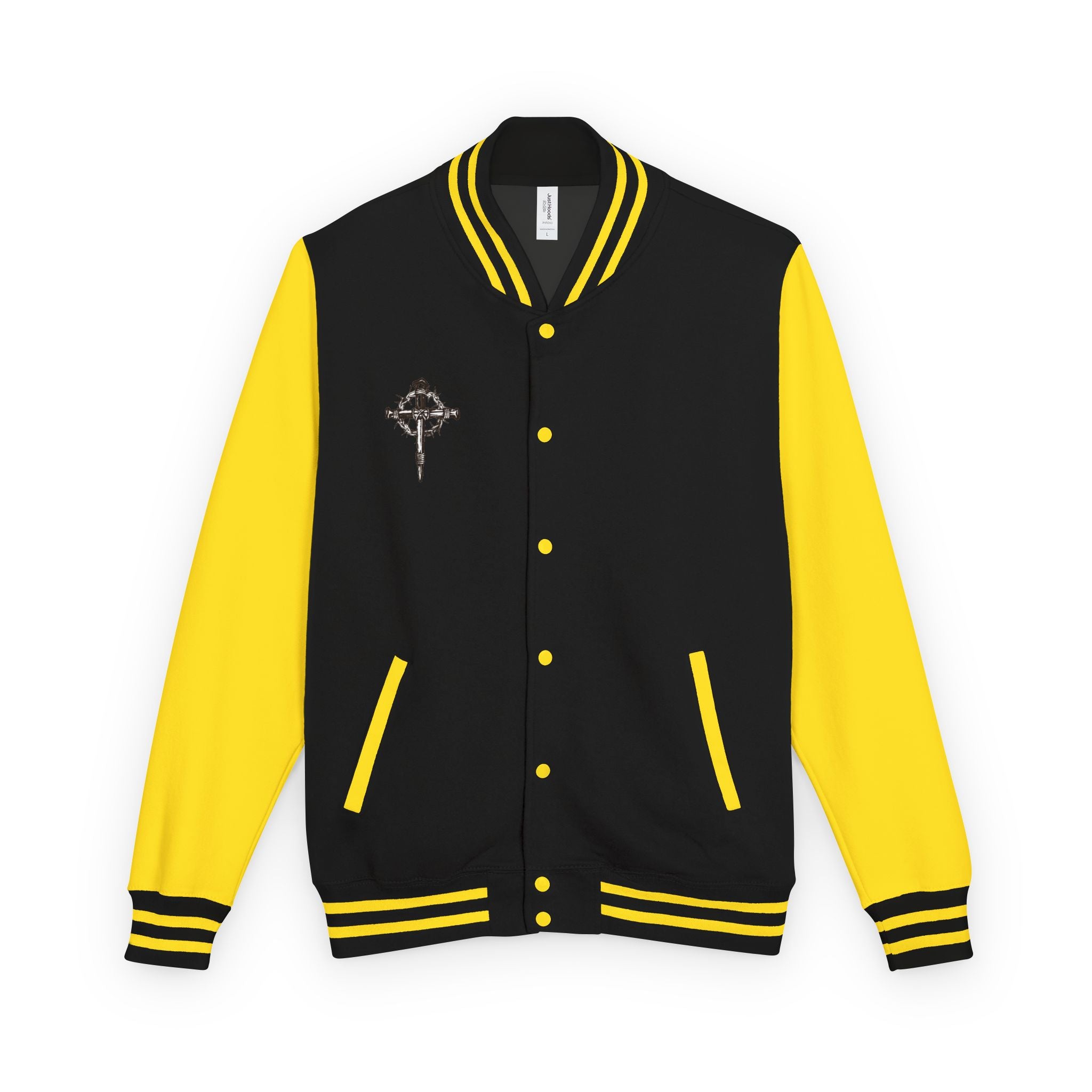 Gothic Cross Nail Emblem Letterman Jacket | Red White Varsity