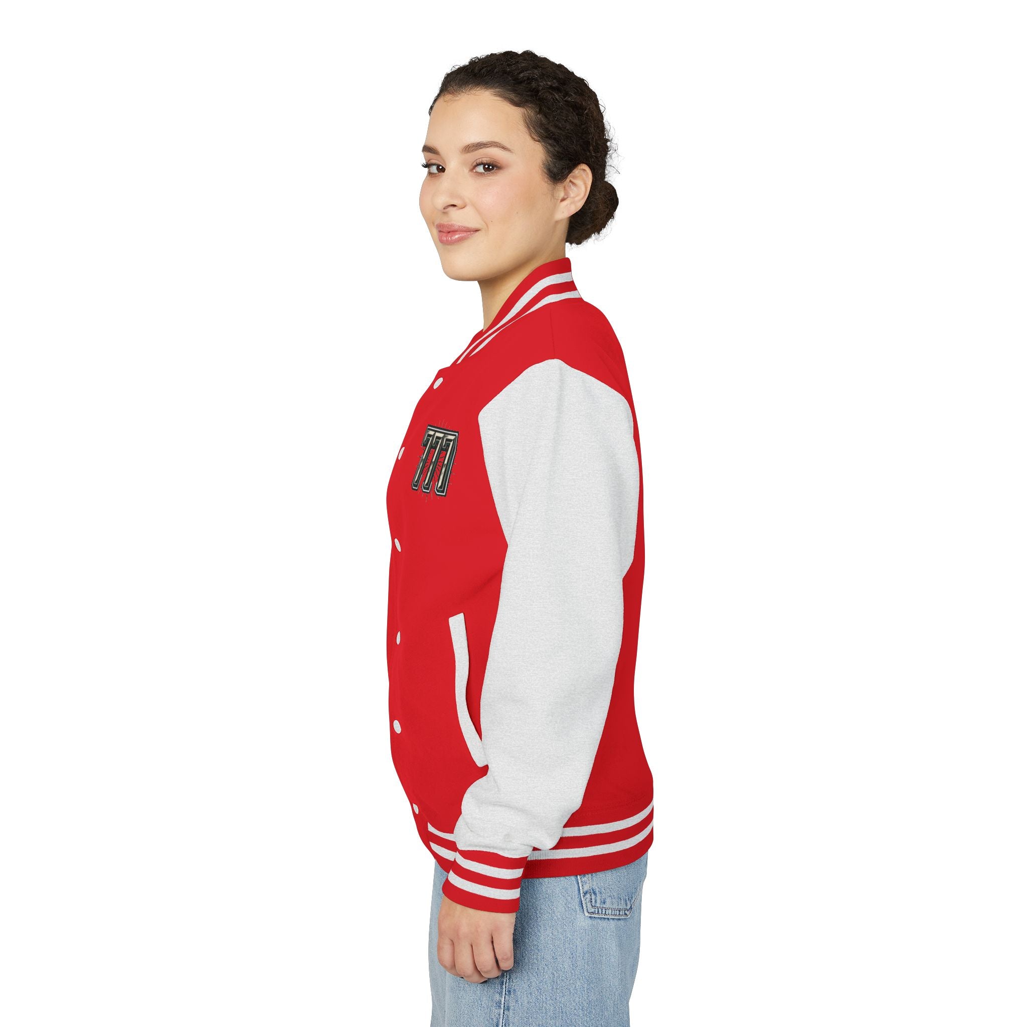 777 Emblem Letterman Jacket | Red White Varsity