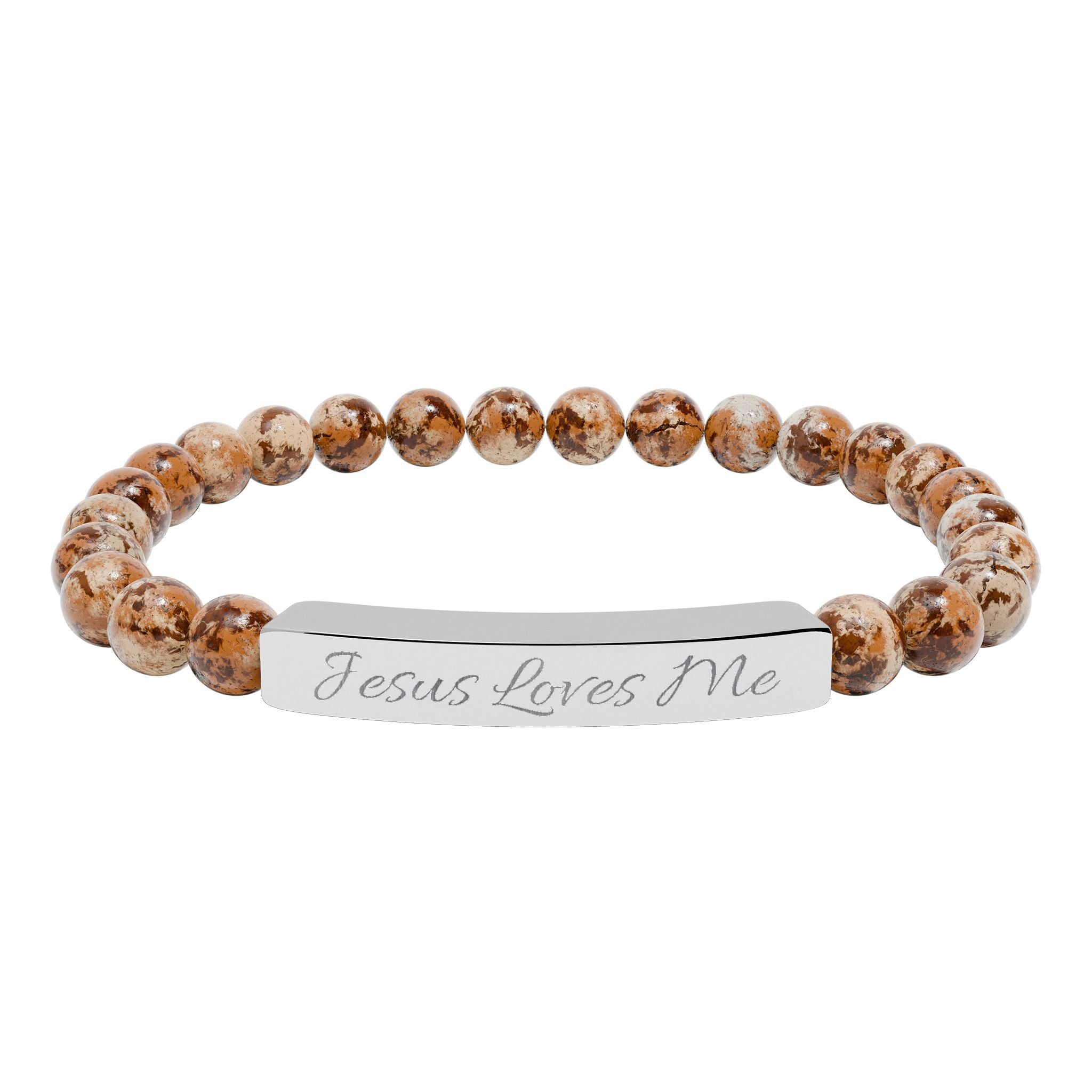 Jesus Loves Me Engraved Bar Natural Stone Bracelet | Stretch Beaded Bracelet