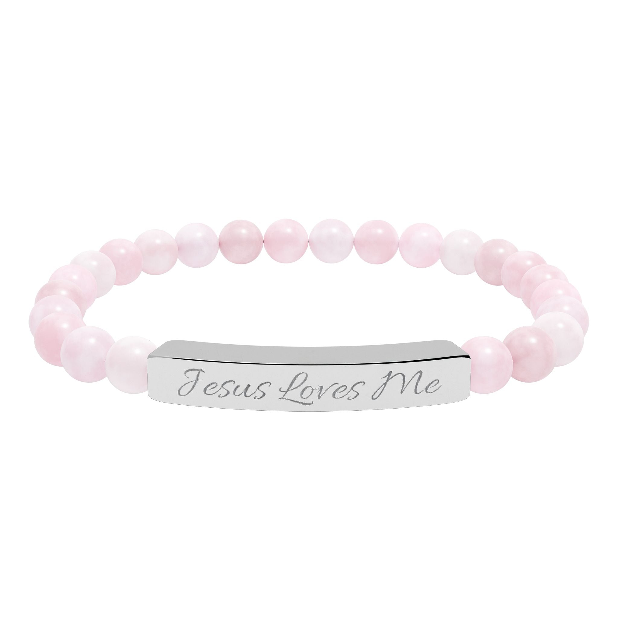 Jesus Loves Me Engraved Bar Natural Stone Bracelet | Stretch Beaded Bracelet