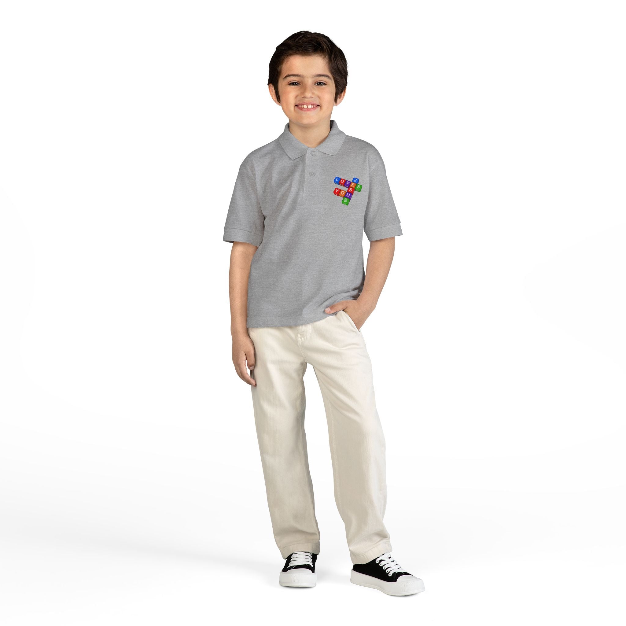 Jesus Loves You cross block design Youth Polo