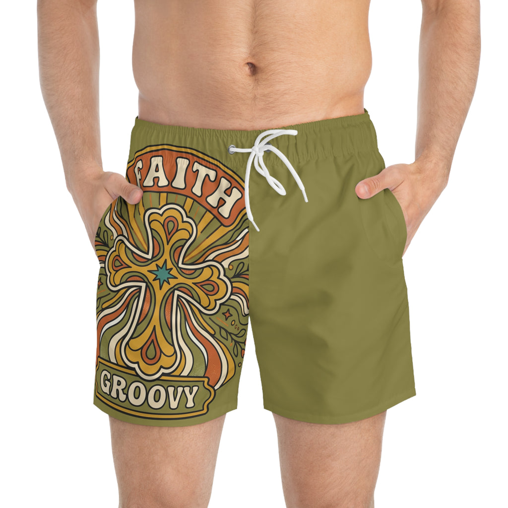Groovy Faith Swim Trunks green— Retro Orange Cross Beach Shorts