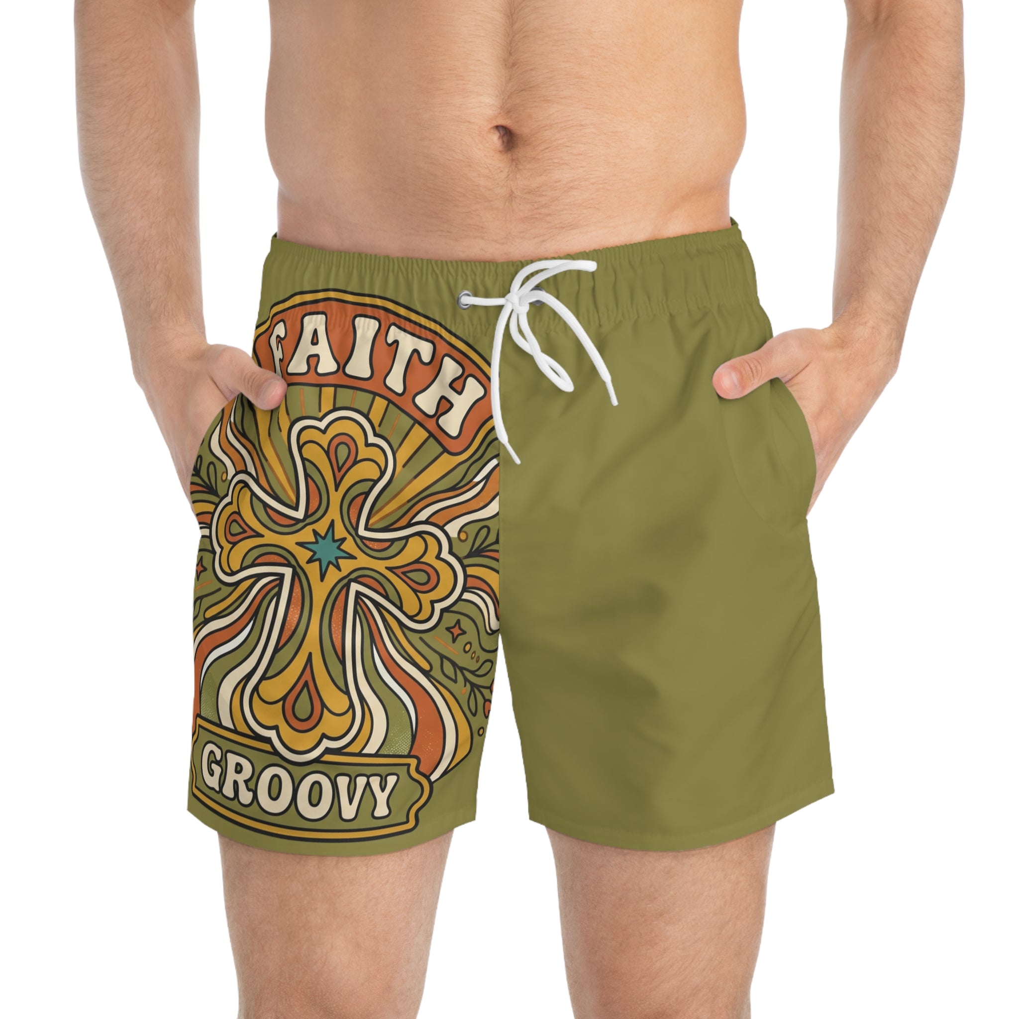 Groovy Faith Swim Trunks green— Retro Orange Cross Beach Shorts