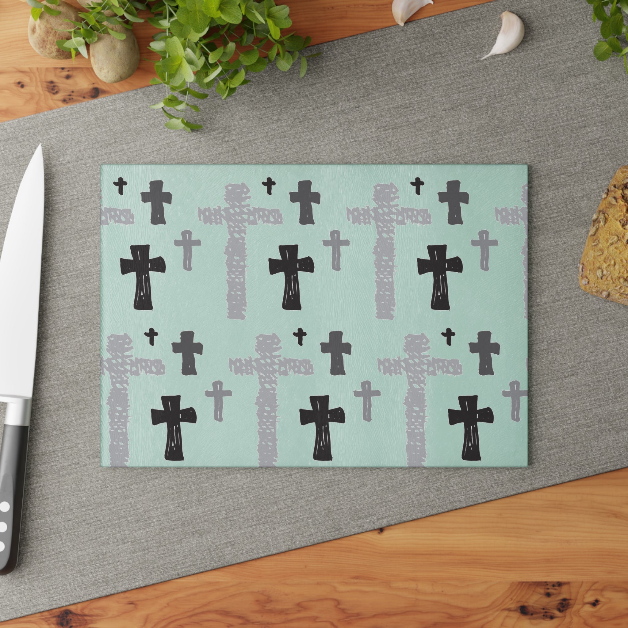 Handdrawn Cross Pattern Glass Cutting Board | Religious Kitchen Décor