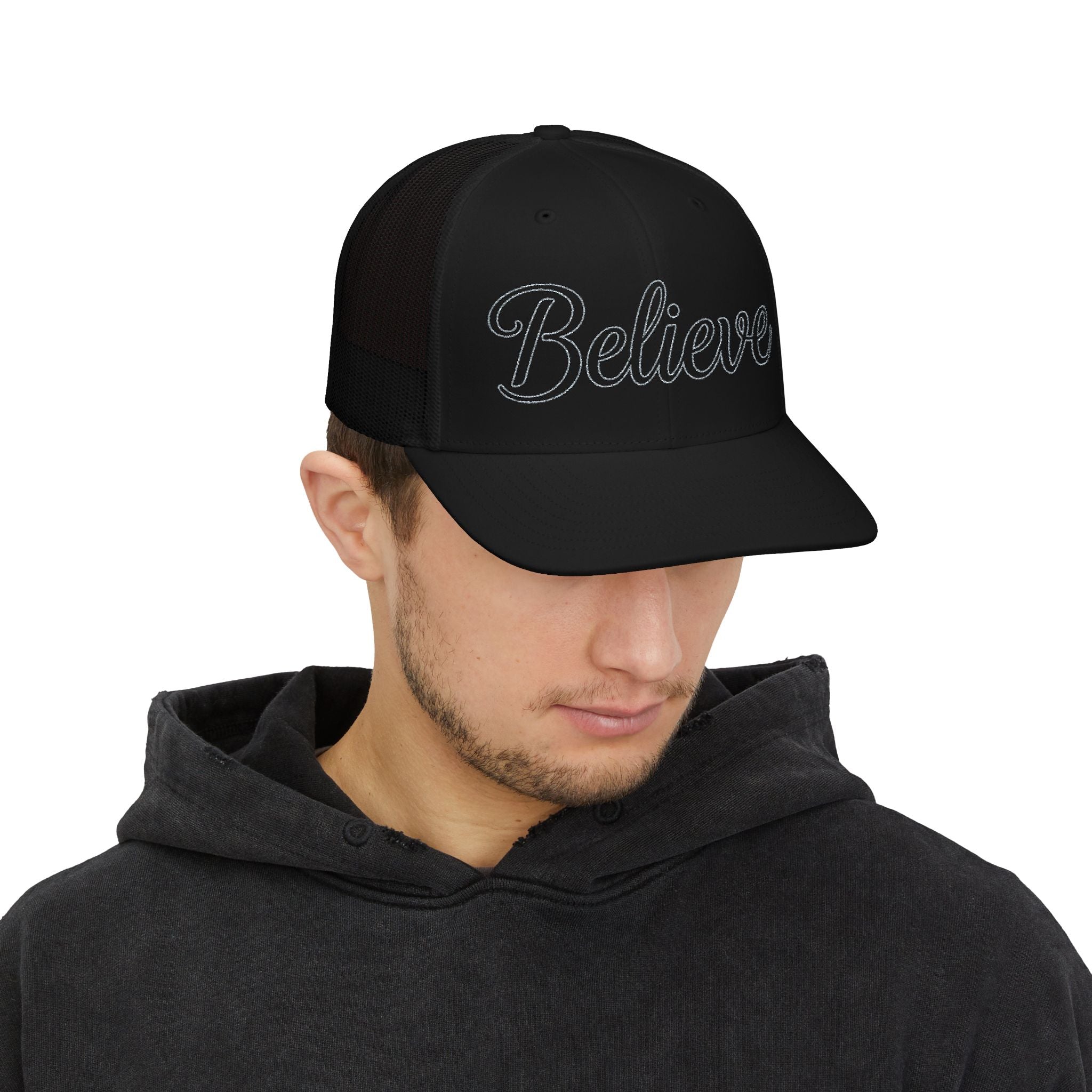 Believe Embroidered Trucker Cap — Inspirational Snapback Hat