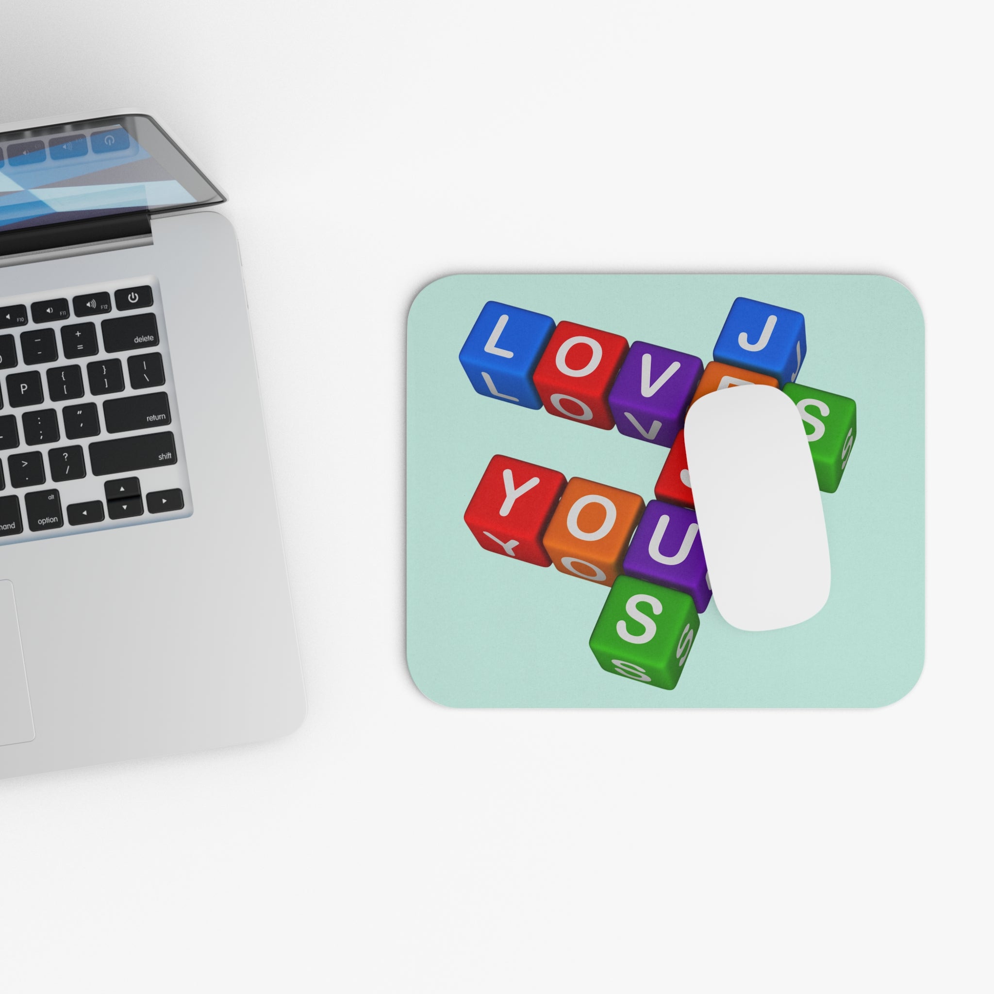 Colorful Letter Blocks Jesus Loves You Mouse Pad | Cute Typography Desk Mat