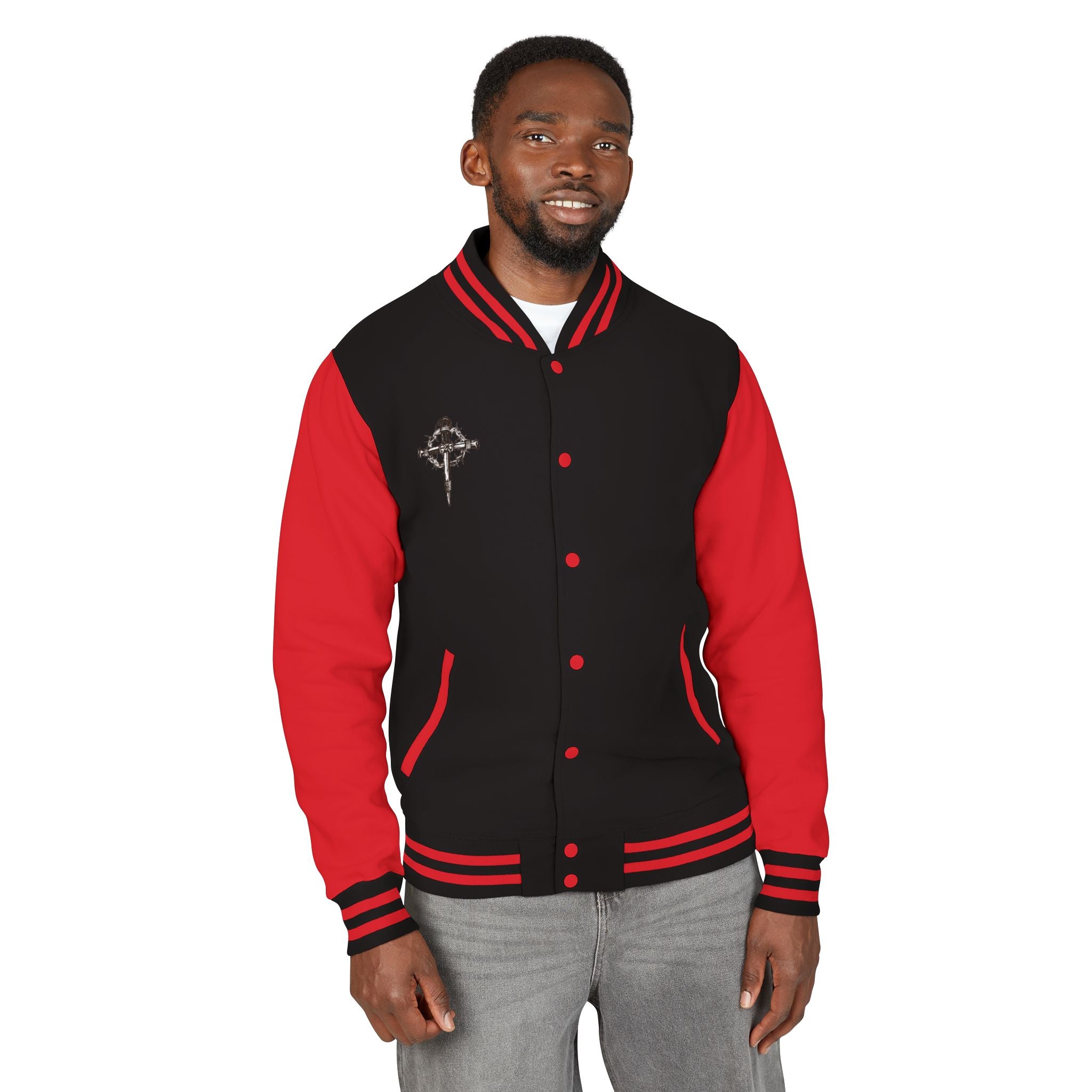 Gothic Cross Nail Emblem Letterman Jacket | Red White Varsity