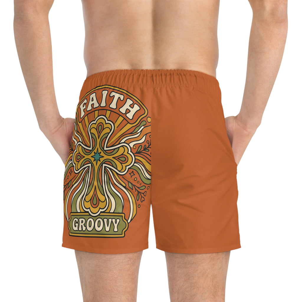 Groovy Faith Swim Trunks orange — Retro Orange Cross Beach Shorts