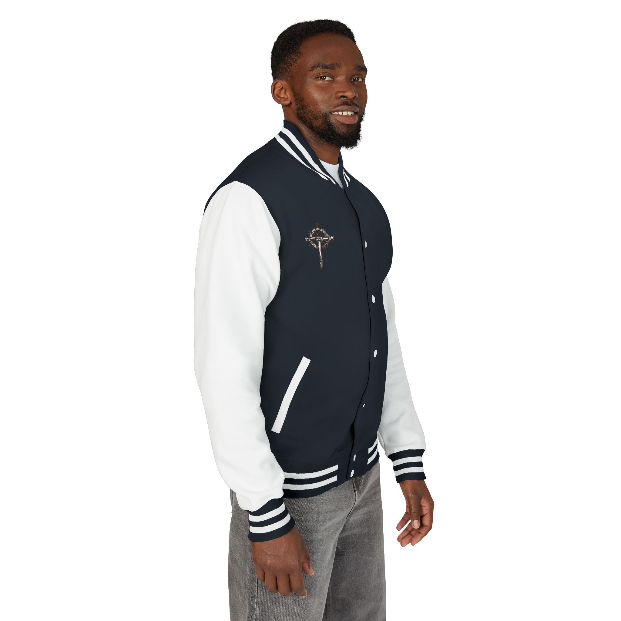 Gothic Cross Nail Emblem Letterman Jacket | Red White Varsity