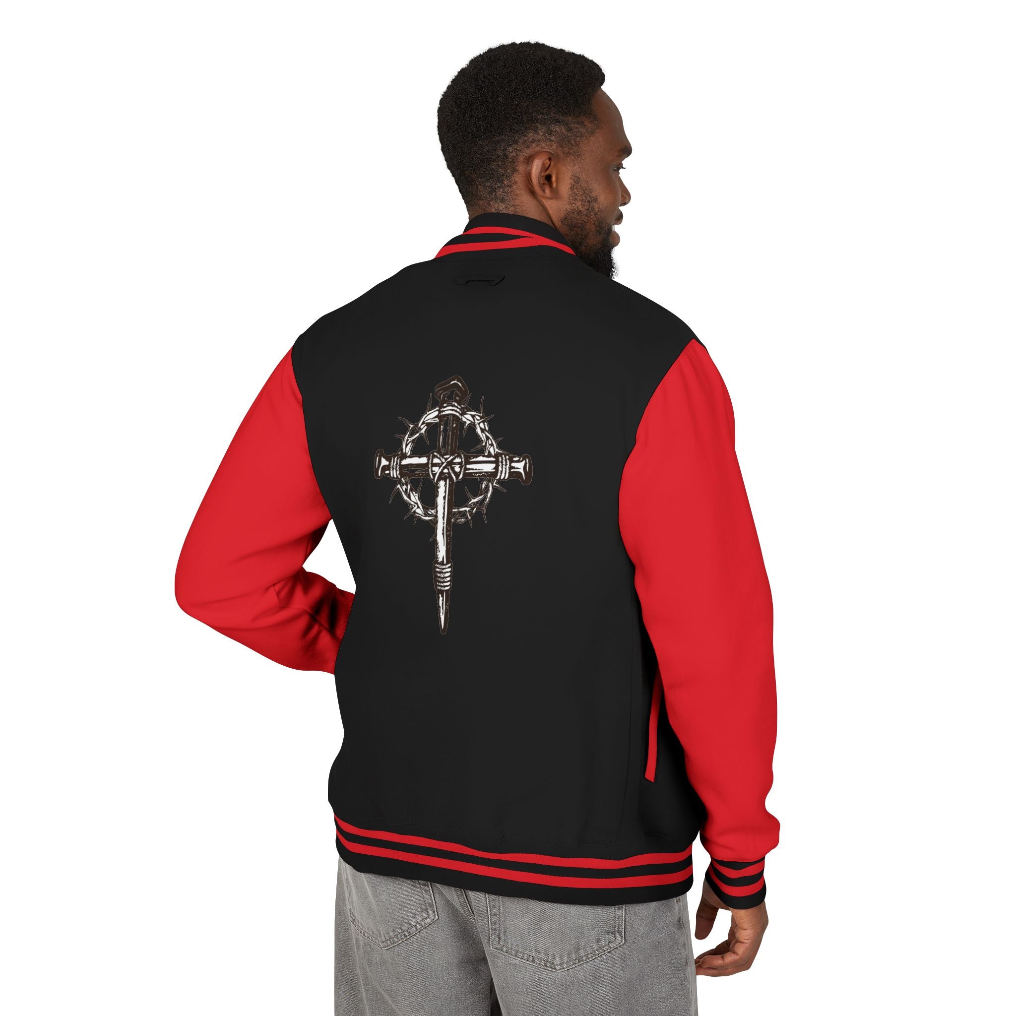 Gothic Cross Nail Emblem Letterman Jacket | Red White Varsity