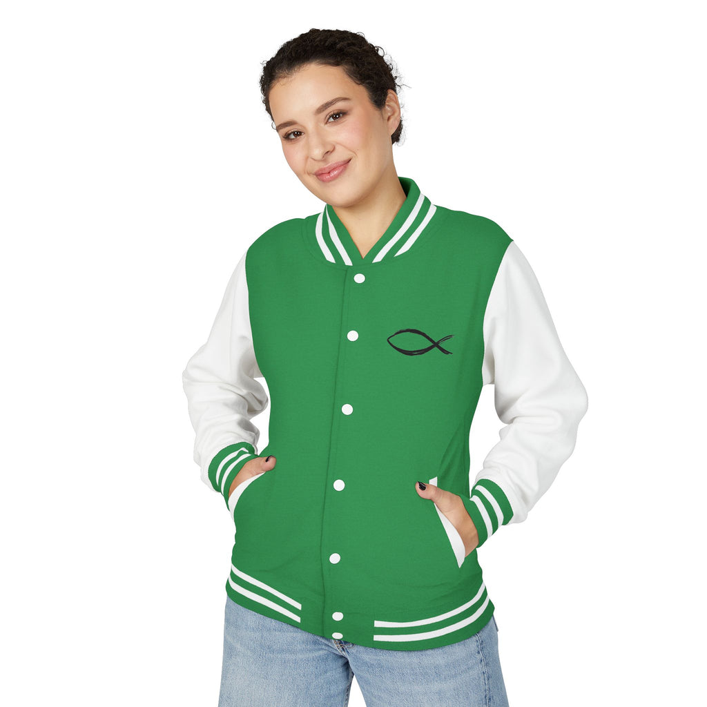 Christian Fish Symbol Emblem Letterman Jacket | Red White Varsity