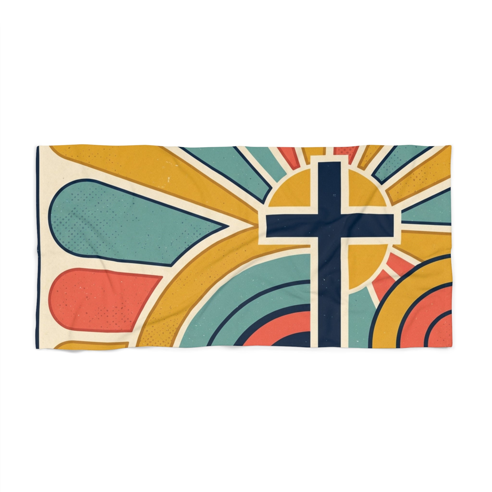 Christian Cross Retro Sunset Beach Towel — Vibrant Faith Coastal Towel