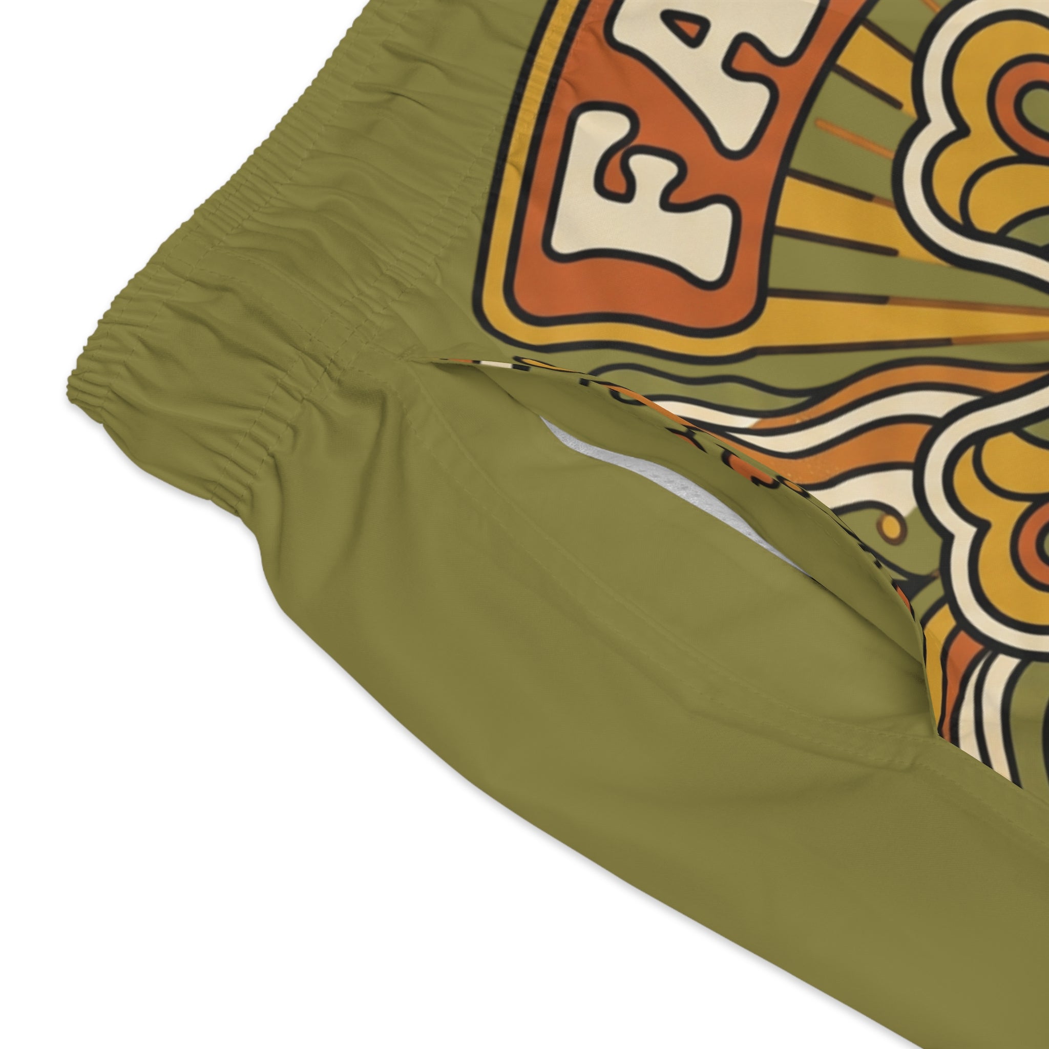 Groovy Faith Swim Trunks green— Retro Orange Cross Beach Shorts