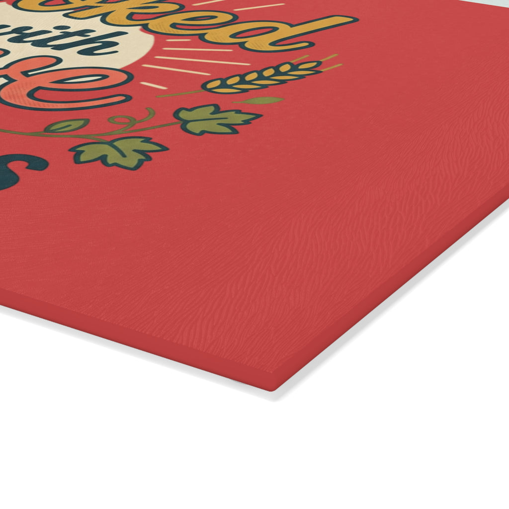 Cooked with Love Glass Cutting Board | Religious Kitchen Décor red